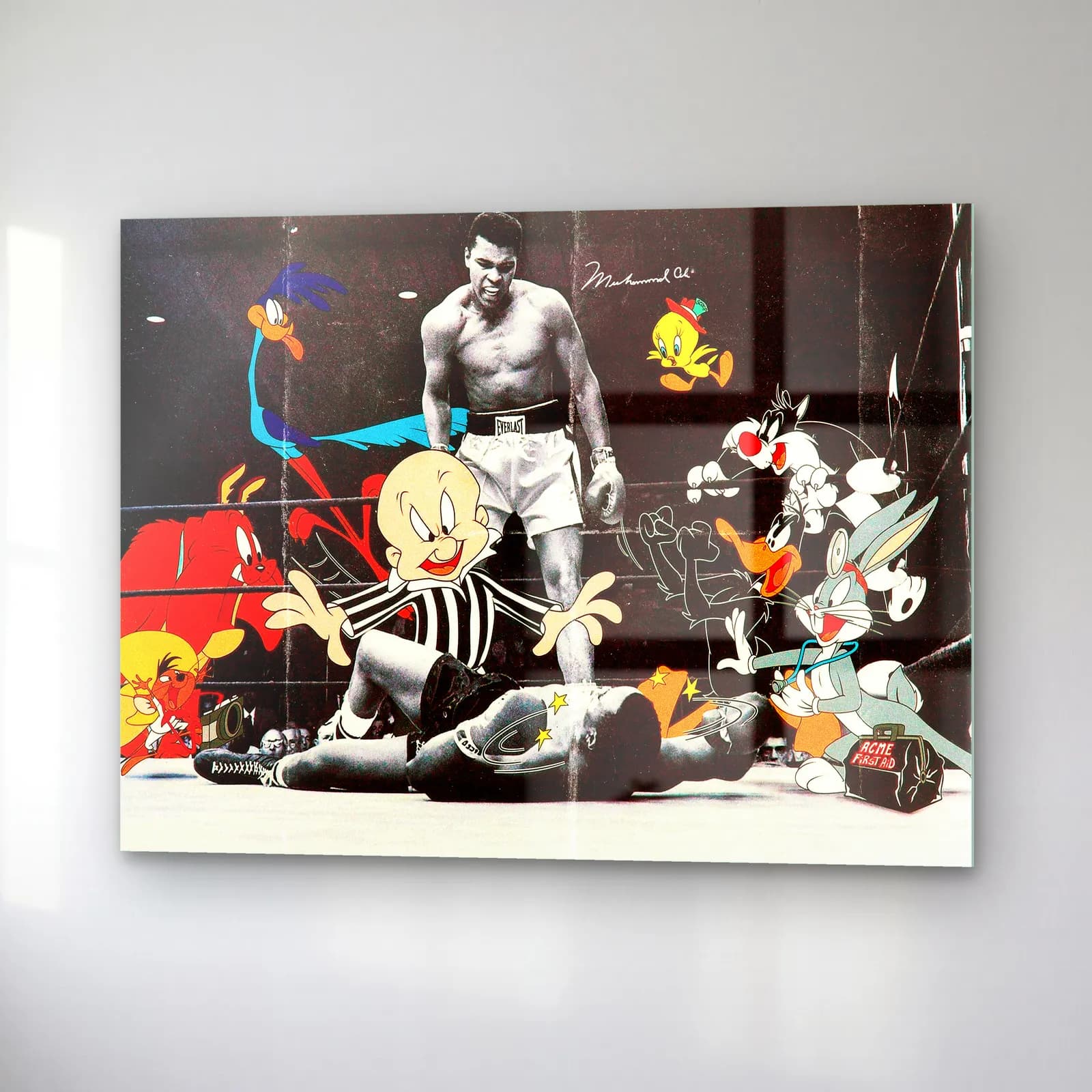 Muhammad Ali ve Looney Tunes cam tablo — sağ açıdan görünüm