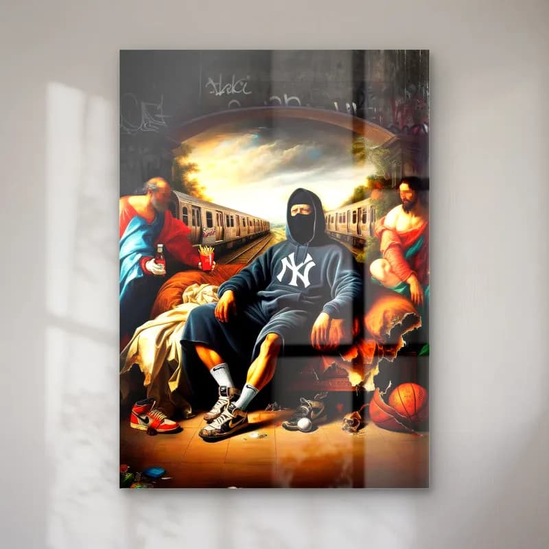 Rönesans Sokak Kralı Grafiti Duvarlı cam tablo — Grafiti duvarlı Rönesans sahnesinde tahtta oturan kapüşonlu maskeli figür