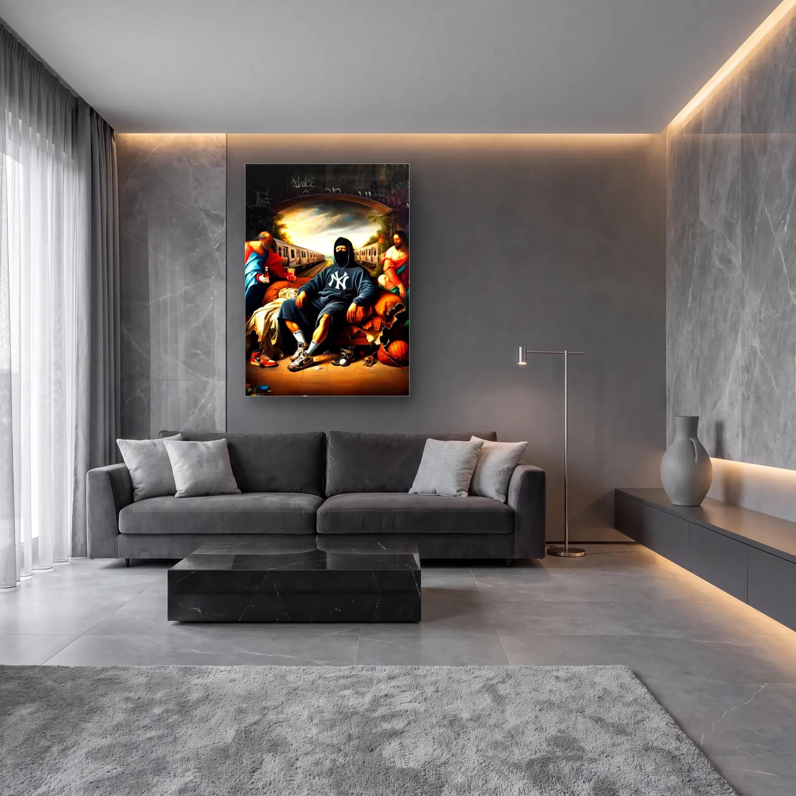 Rönesans Sokak Kralı Grafiti Duvarlı cam tablo — lüks salon duvarında