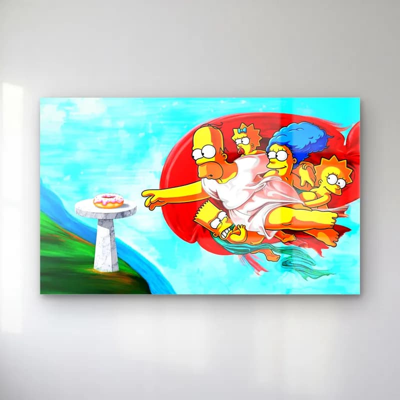 Simpsons Yaradılış ve Donut cam tablo — Kırmızı pelerinde Simpson ailesi, kaide üzerindeki donuta uzanan Homer