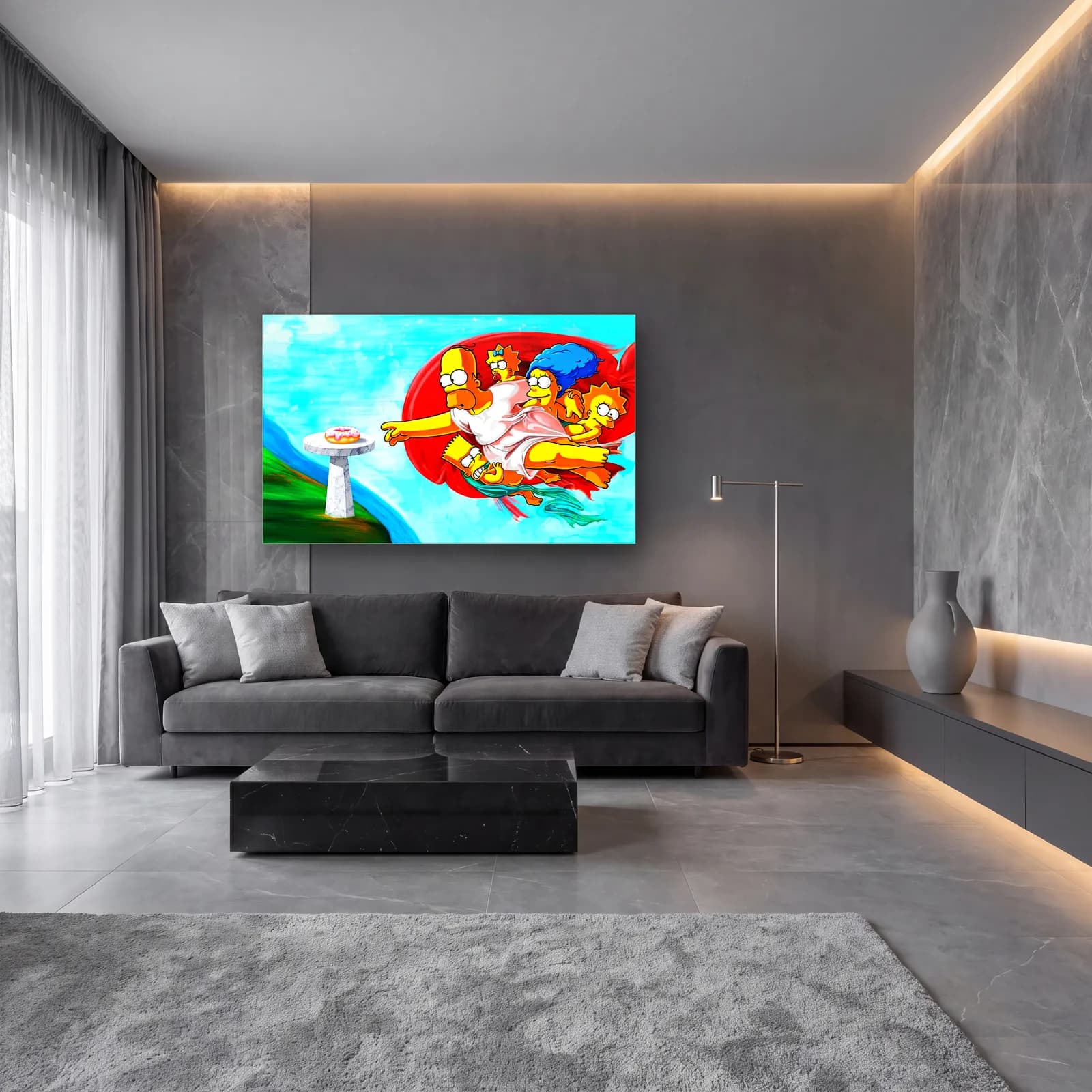 Simpsons Yaradılış ve Donut cam tablo — lüks salon duvarında