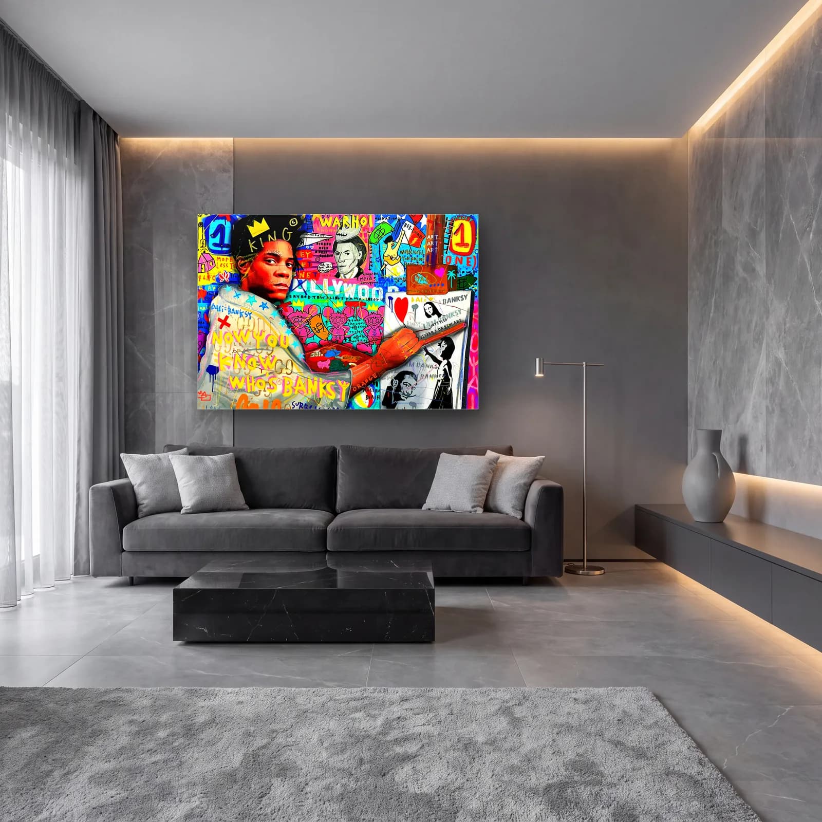 Basquiat Kolajı Who's Banksy cam tablo — lüks salon duvarında