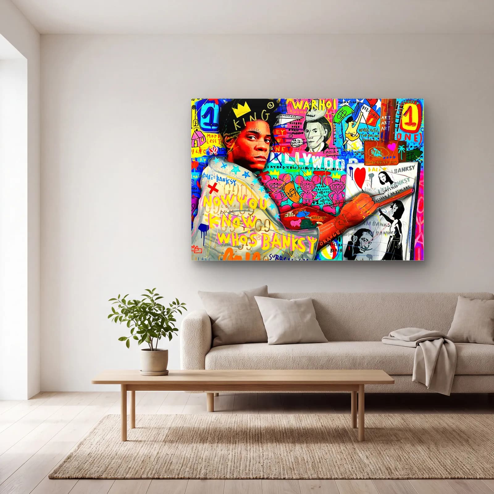 Basquiat Kolajı Who's Banksy cam tablo — açık renk salonda