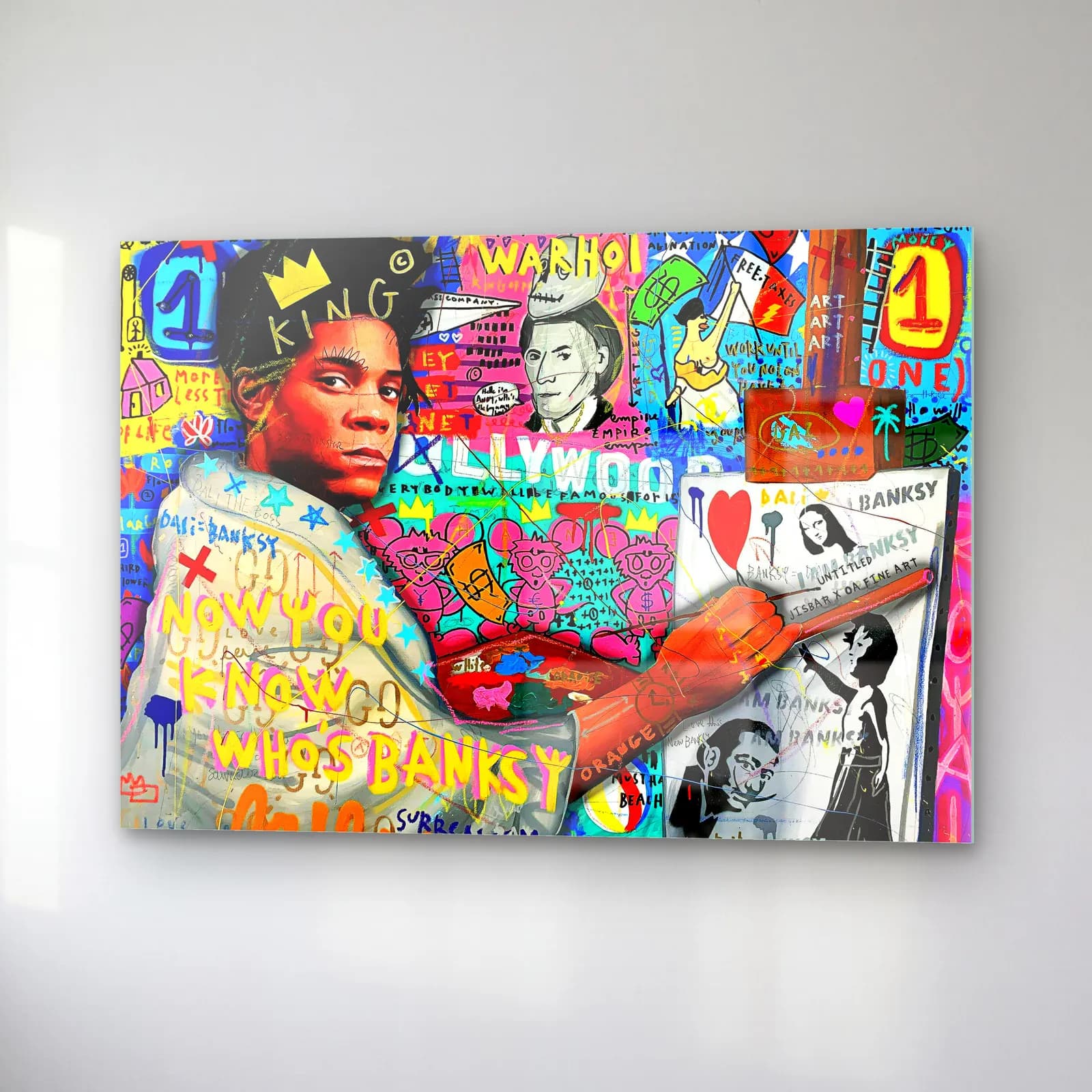 Basquiat Kolajı Who's Banksy cam tablo — sağ açıdan görünüm