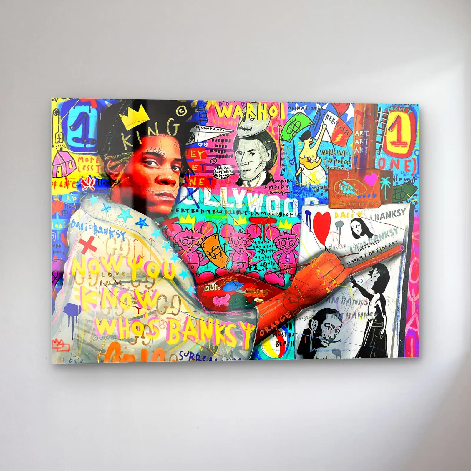 Basquiat Kolajı Who's Banksy cam tablo — sol açıdan görünüm
