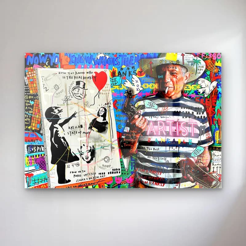 Picasso ve Balonlu Kız Kolajı cam tablo — Çizgili tişörtlü Picasso, balonlu kız çizimi ve renkli grafiti kolaj