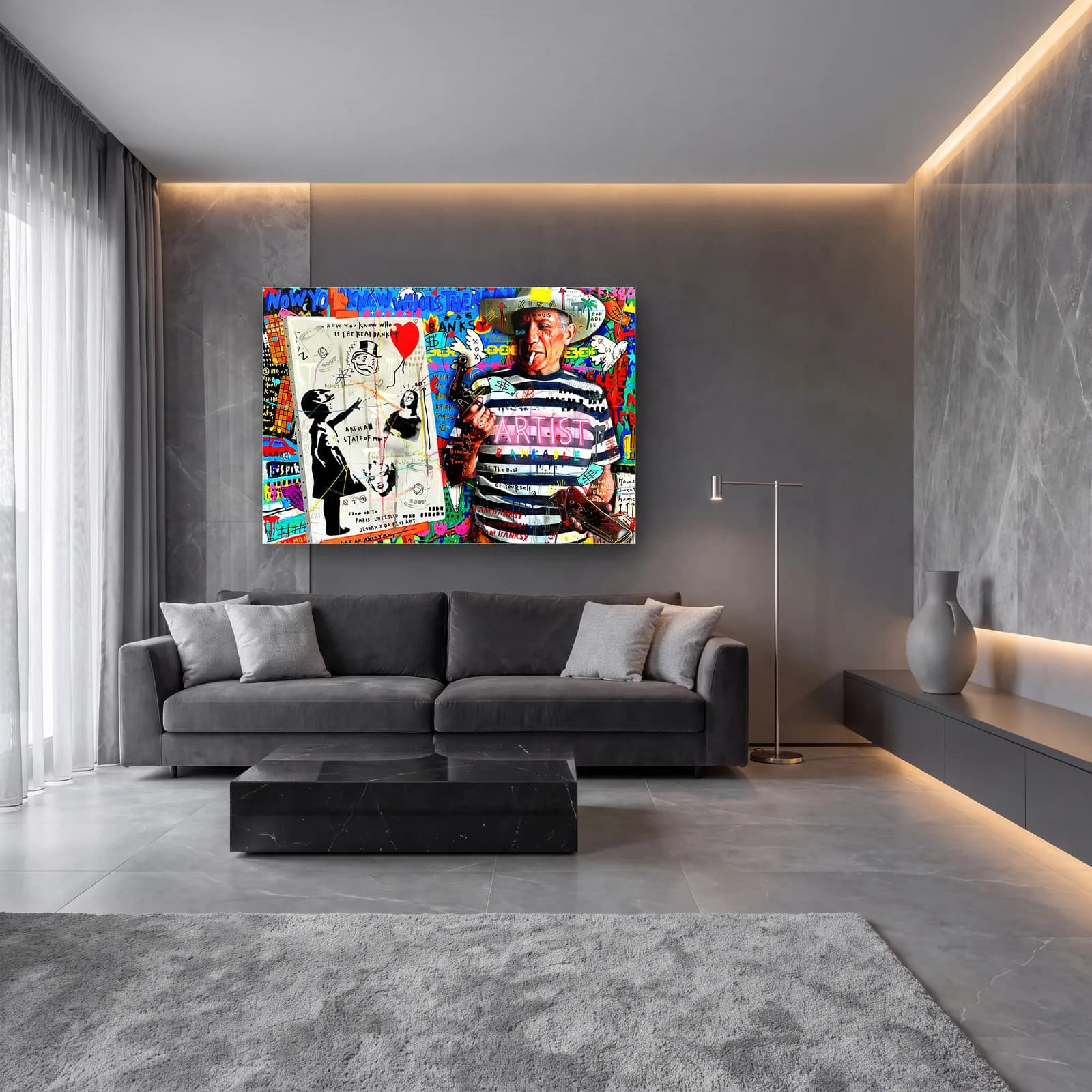 Picasso ve Balonlu Kız Kolajı cam tablo — lüks salon duvarında