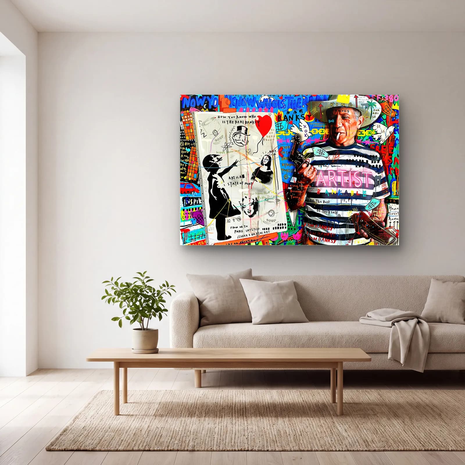 Picasso ve Balonlu Kız Kolajı cam tablo — açık renk salonda