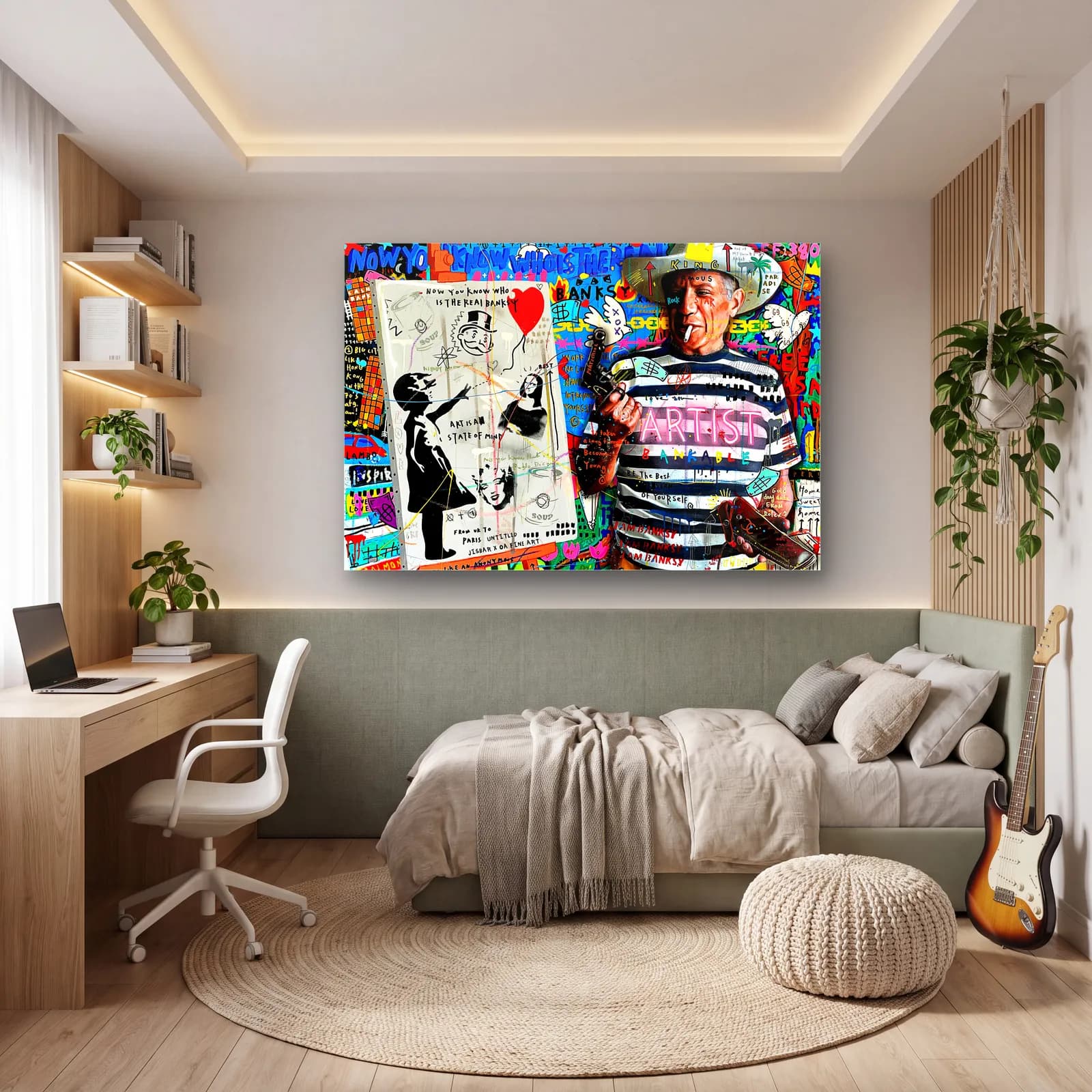 Picasso ve Balonlu Kız Kolajı cam tablo — genç odasında