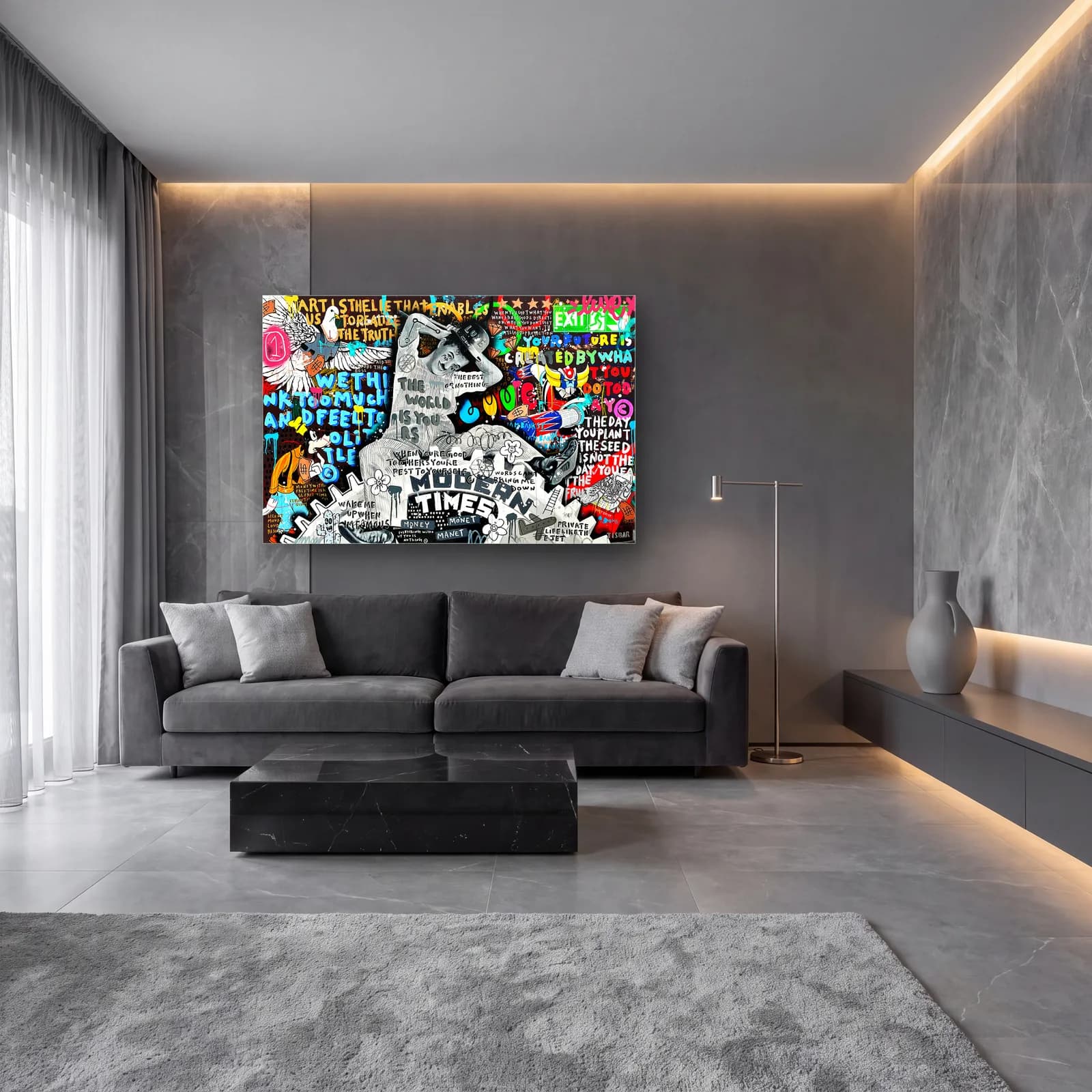 Modern Times Grafiti Yazı Kolajı cam tablo — lüks salon duvarında