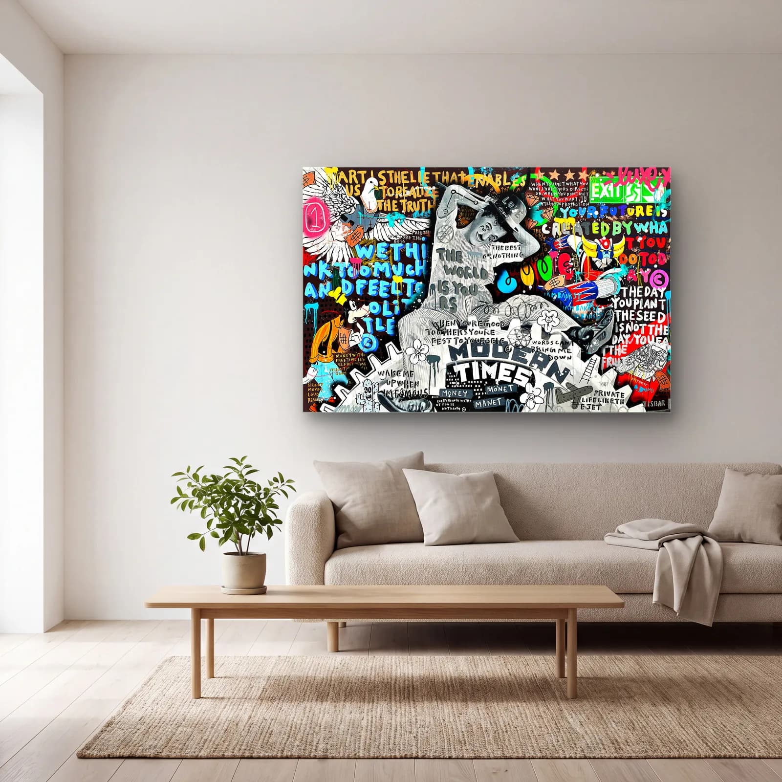 Modern Times Grafiti Yazı Kolajı cam tablo — açık renk salonda