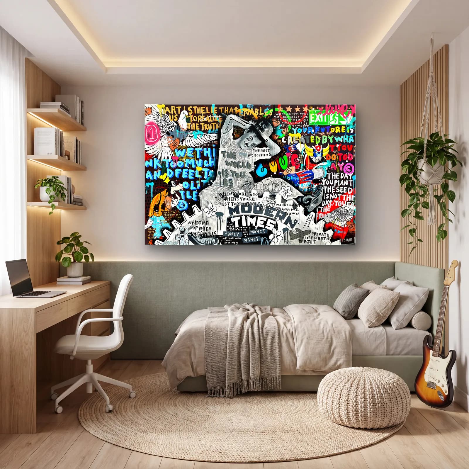 Modern Times Grafiti Yazı Kolajı cam tablo — genç odasında