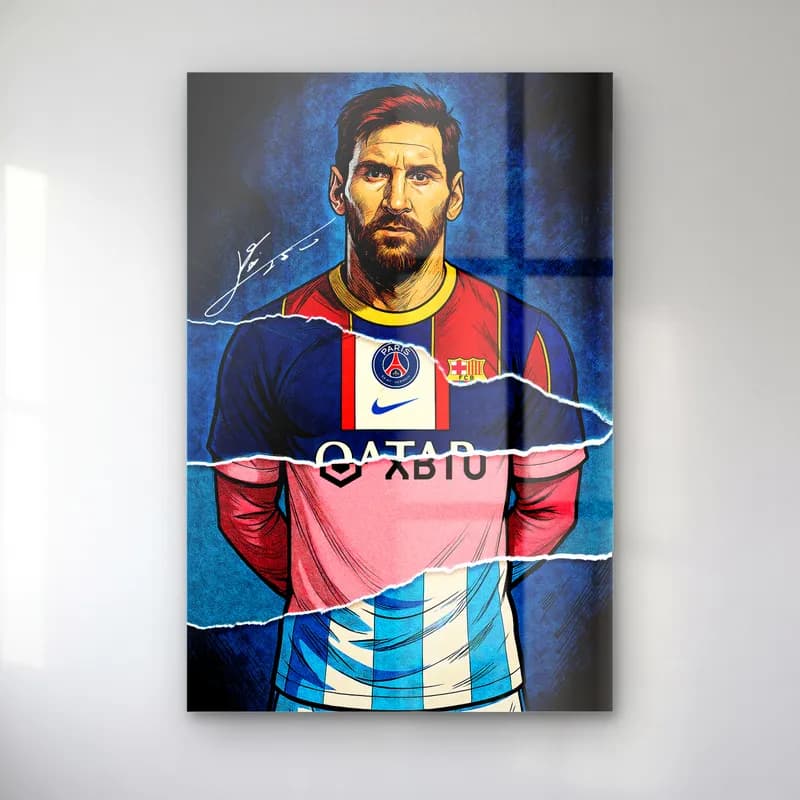Lionel Messi Kariyer Formaları cam tablo — Yırtık kâğıt efektiyle birleşen kulüp formaları giyen Lionel Messi portresi