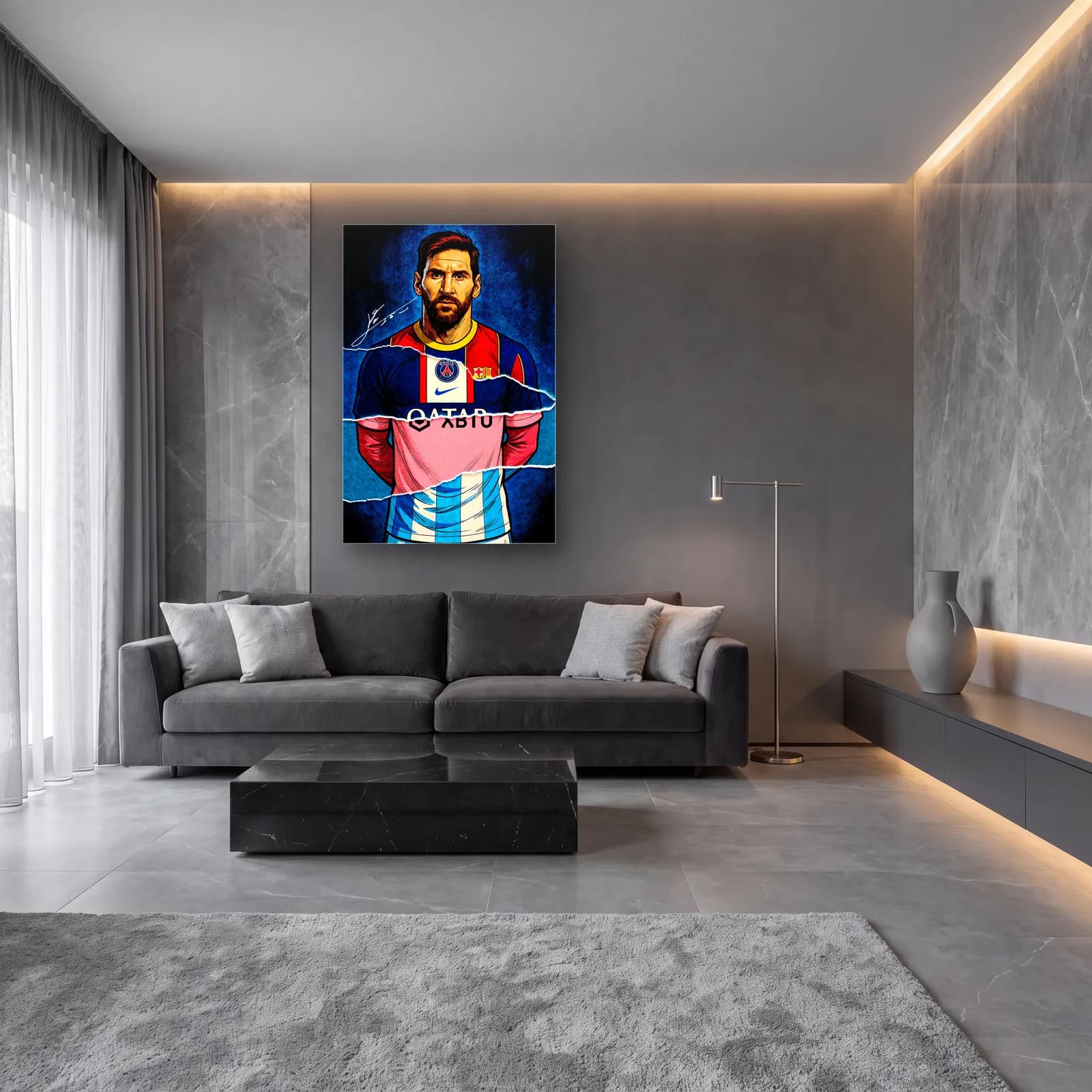 Lionel Messi Kariyer Formaları cam tablo — lüks salon duvarında