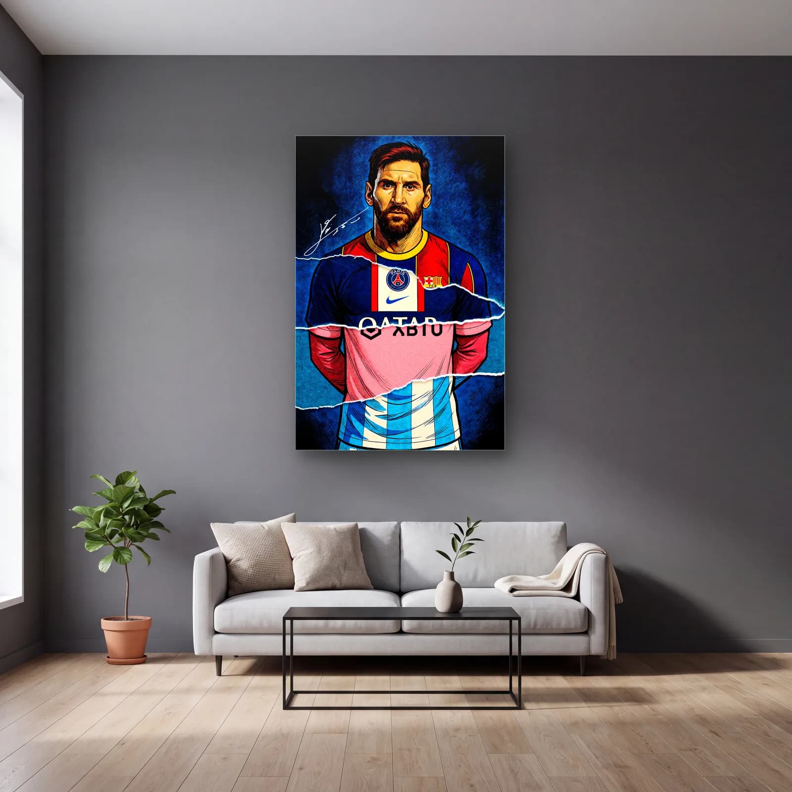 Lionel Messi Kariyer Formaları cam tablo — gri duvarlı salonda