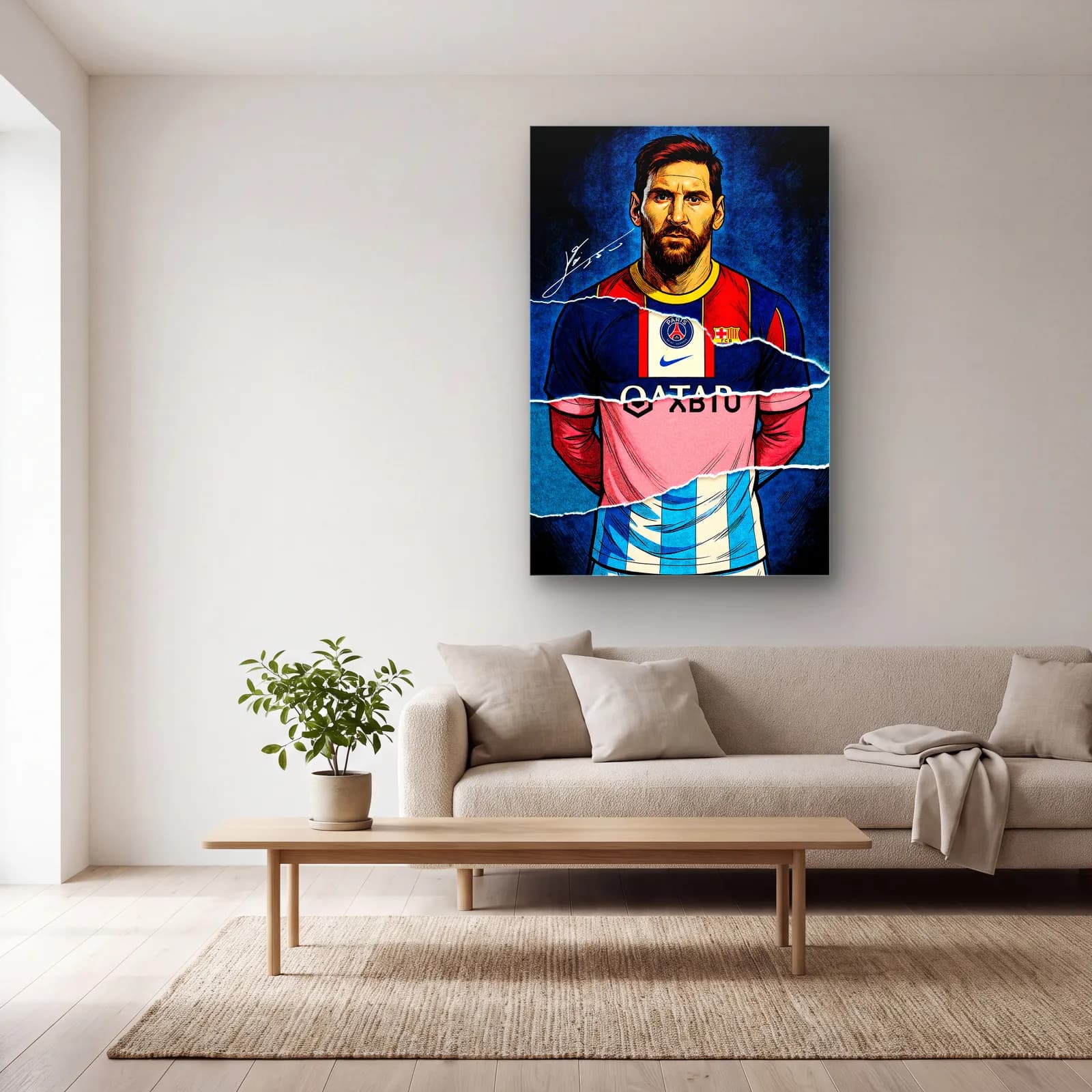Lionel Messi Kariyer Formaları cam tablo — açık renk salonda