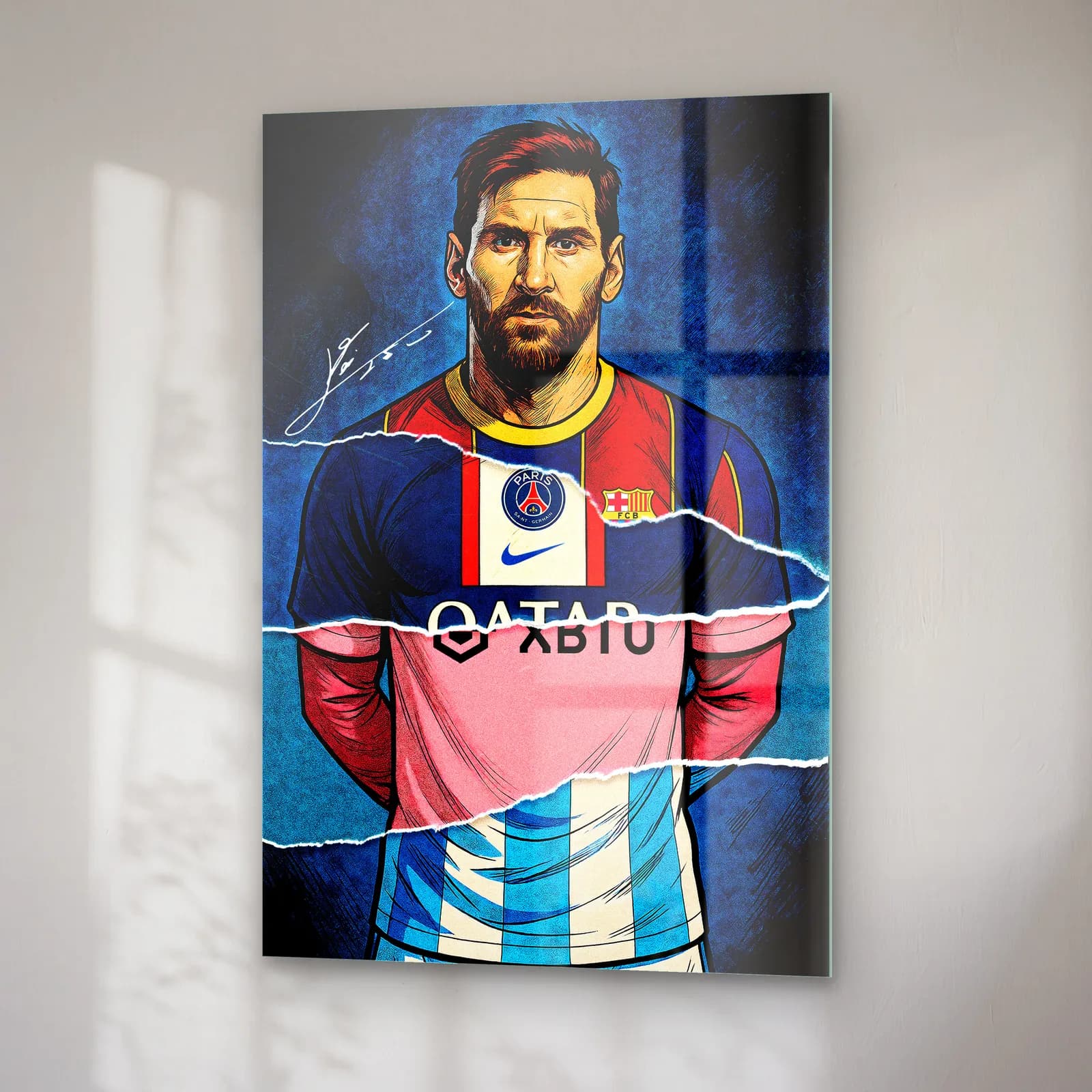 Lionel Messi Kariyer Formaları cam tablo — sağ açıdan görünüm