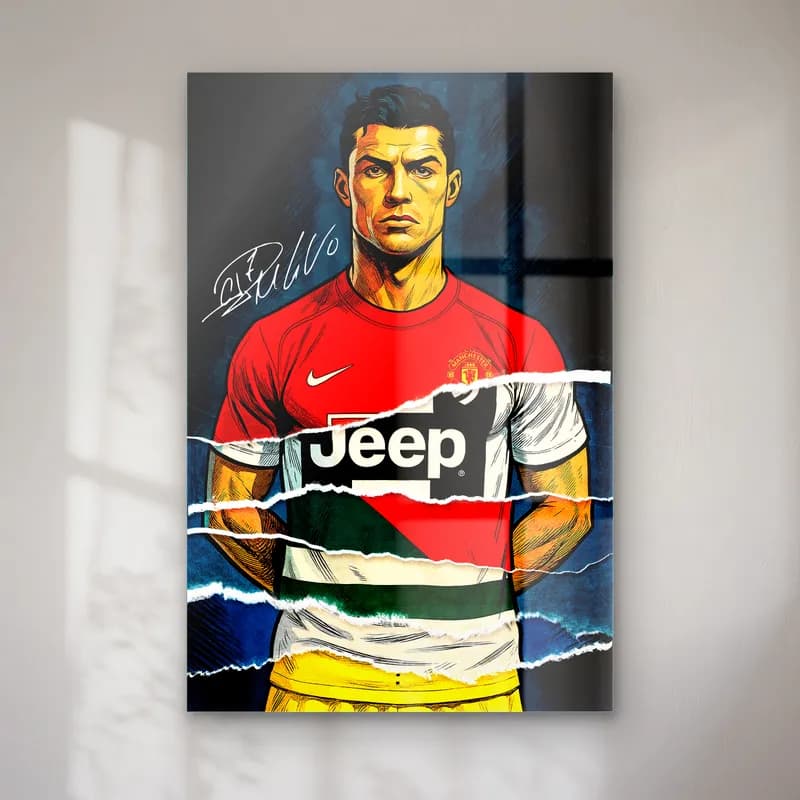Cristiano Ronaldo Kariyer Formaları cam tablo — Yırtık kâğıt efektli kulüp formaları giyen Cristiano Ronaldo portresi