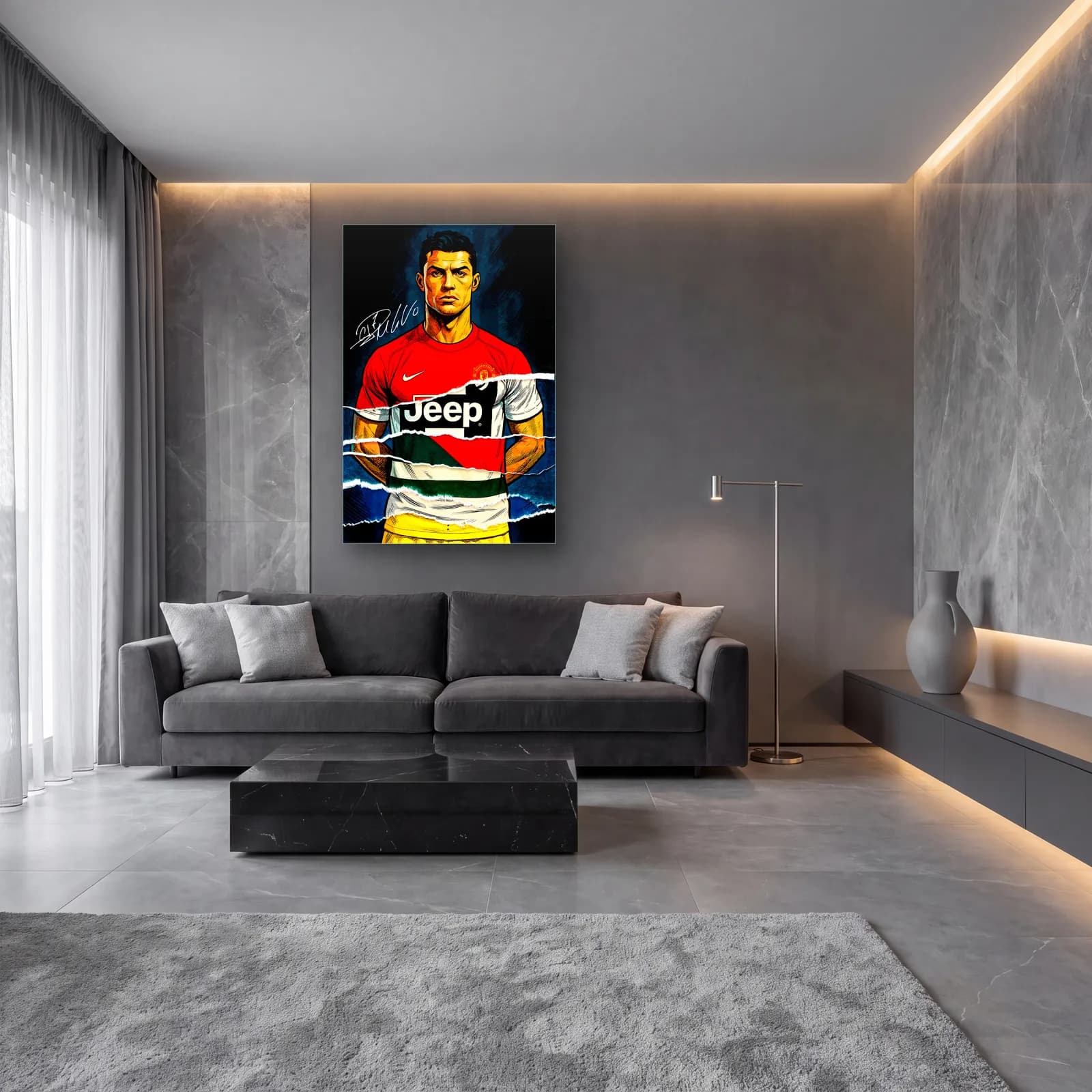 Cristiano Ronaldo Kariyer Formaları cam tablo — lüks salon duvarında