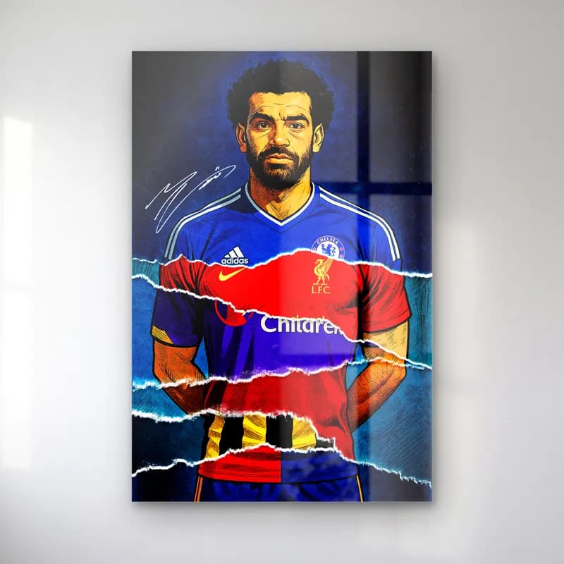 Mohamed Salah Kariyer Formaları cam tablo — Yırtık kâğıt efektli Liverpool ve Chelsea formaları giyen Mohamed Salah