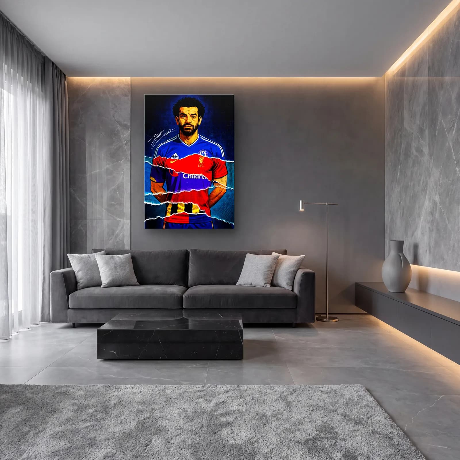 Mohamed Salah Kariyer Formaları cam tablo — lüks salon duvarında