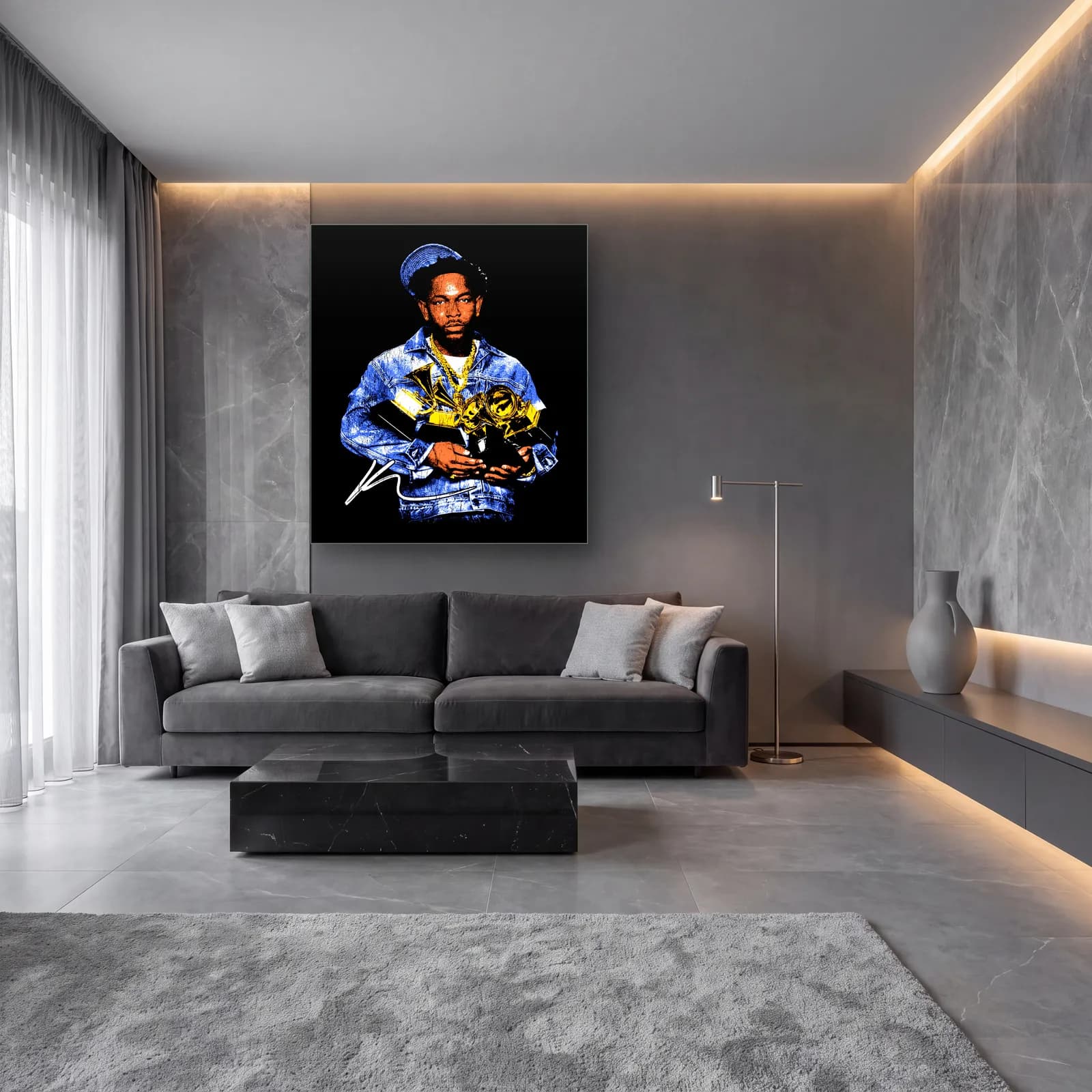 Kendrick Lamar Grammy Portresi cam tablo — lüks salon duvarında