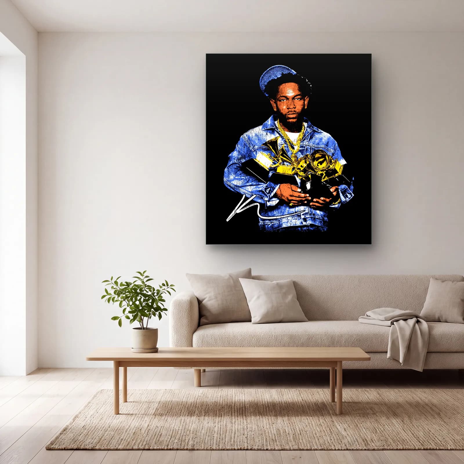 Kendrick Lamar Grammy Portresi cam tablo — açık renk salonda