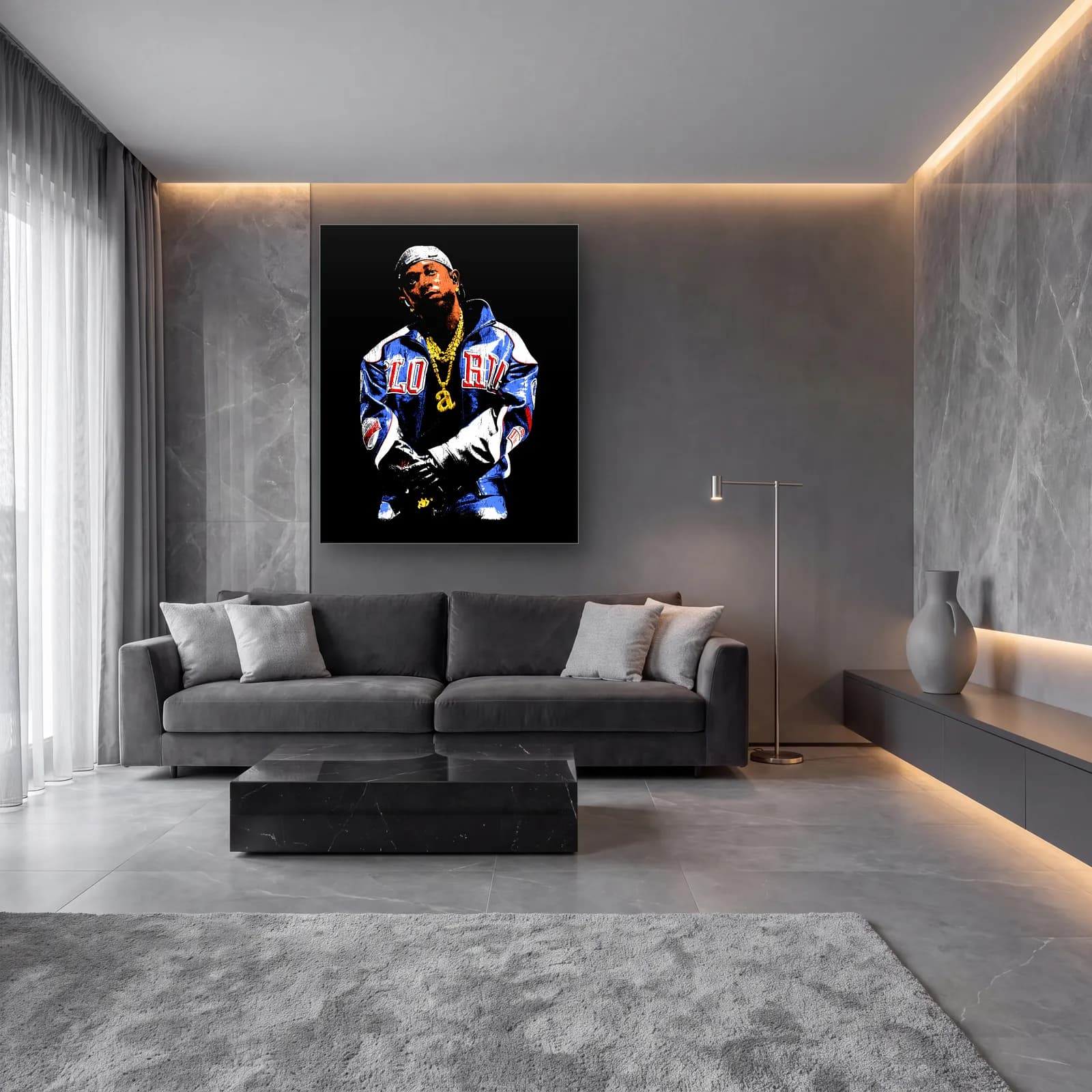 Kendrick Lamar Sahne Portresi cam tablo — lüks salon duvarında