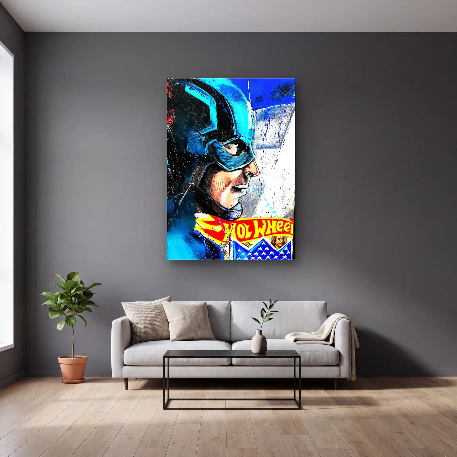 Captain America Grafiti Portresi cam tablo — gri duvarlı salonda