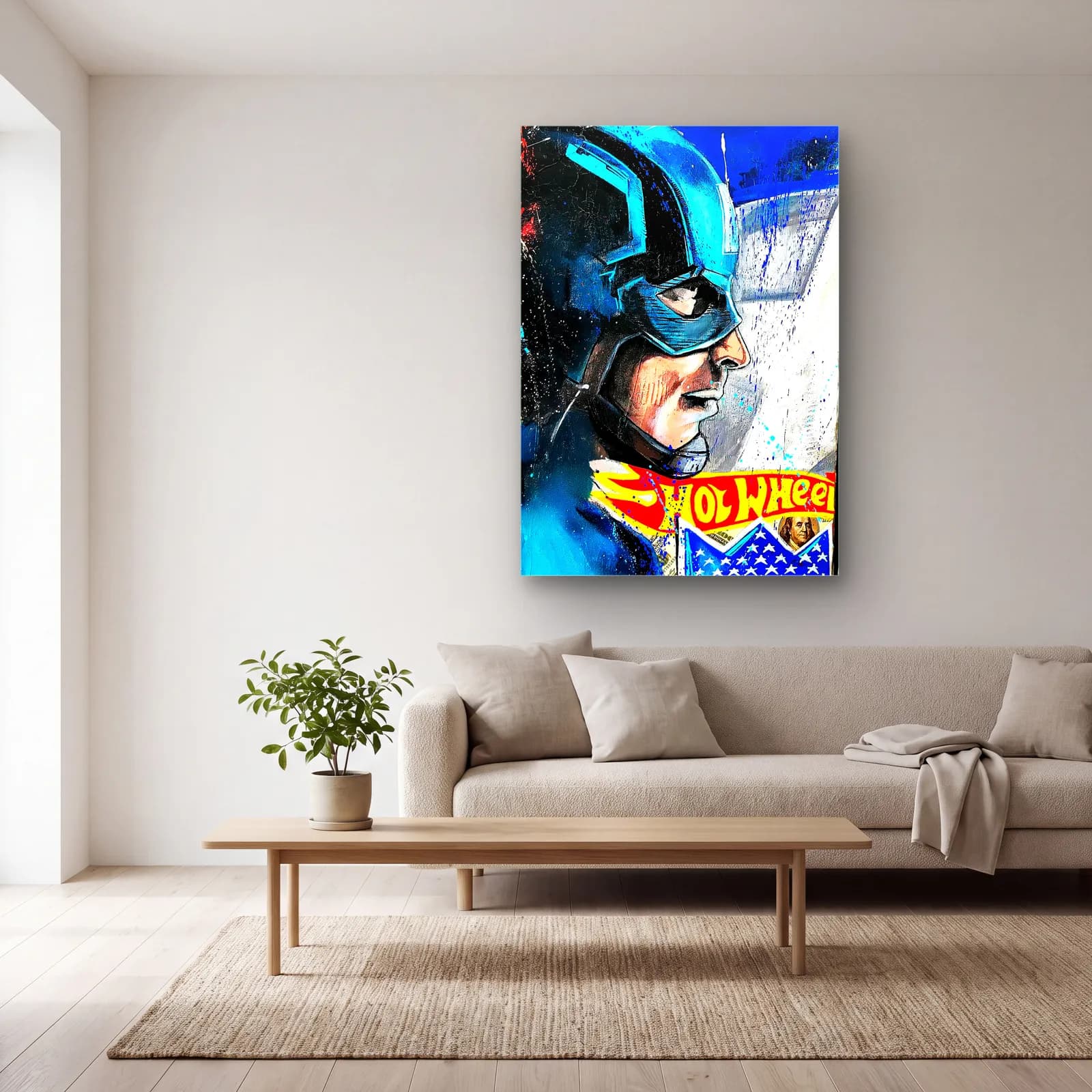 Captain America Grafiti Portresi cam tablo — açık renk salonda