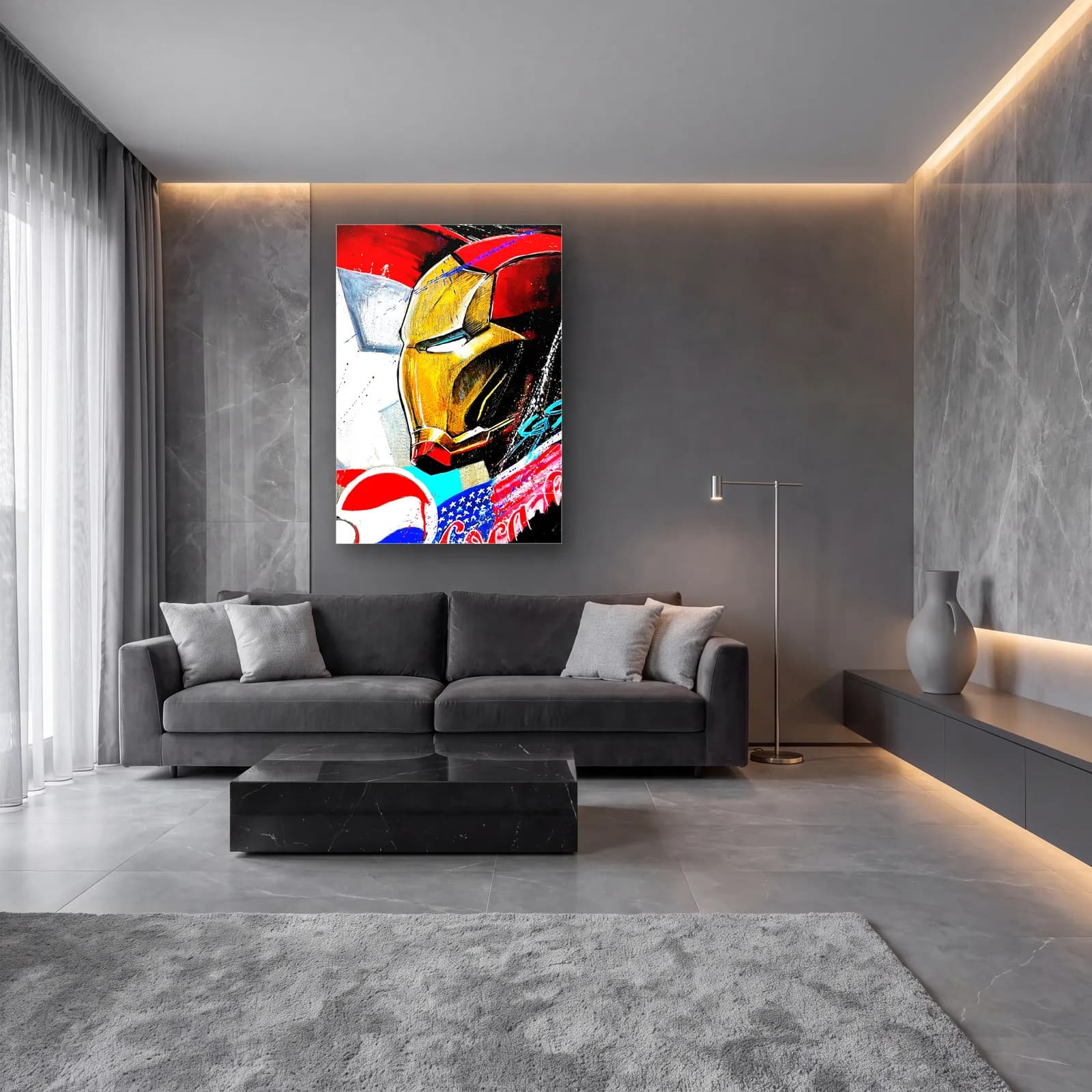 Iron Man Kask Grafiti cam tablo — lüks salon duvarında