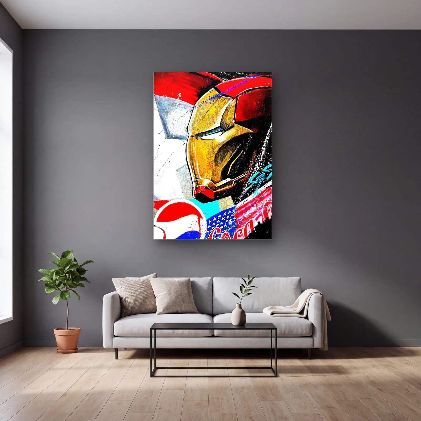 Iron Man Kask Grafiti cam tablo — gri duvarlı salonda