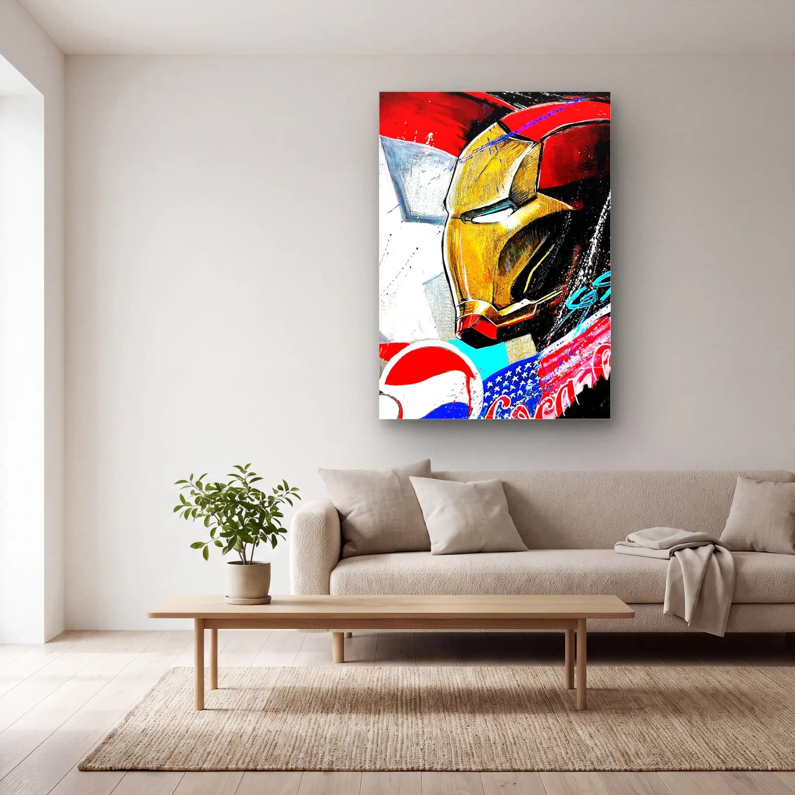 Iron Man Kask Grafiti cam tablo — açık renk salonda