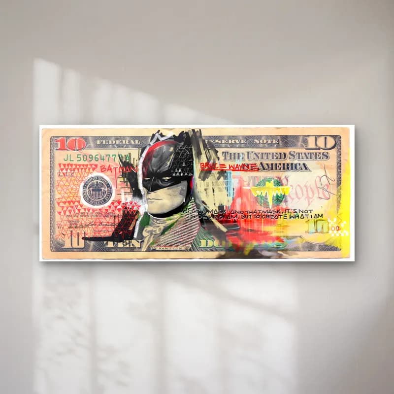 Batman 10 Dolar cam tablo — 10 dolar banknotunda Batman maskeli portre ve renkli karalamalar