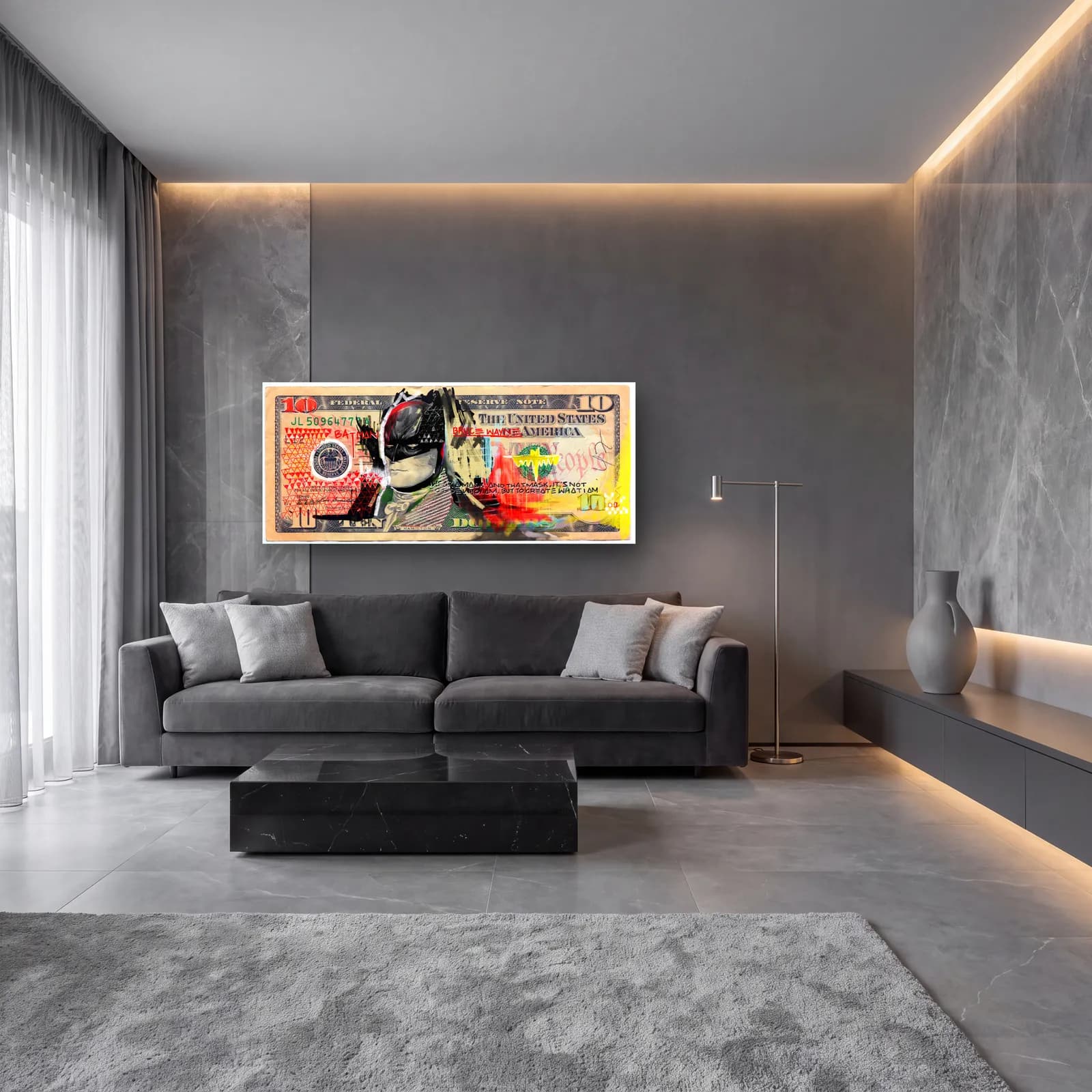 Batman 10 Dolar cam tablo — lüks salon duvarında