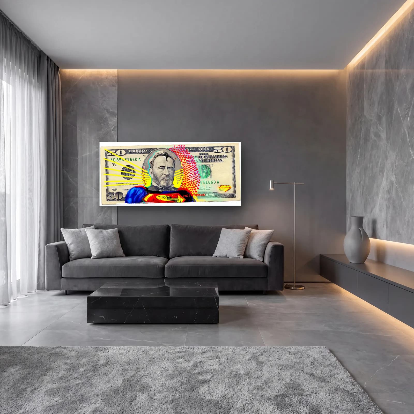 Superman 50 Dolar cam tablo — lüks salon duvarında