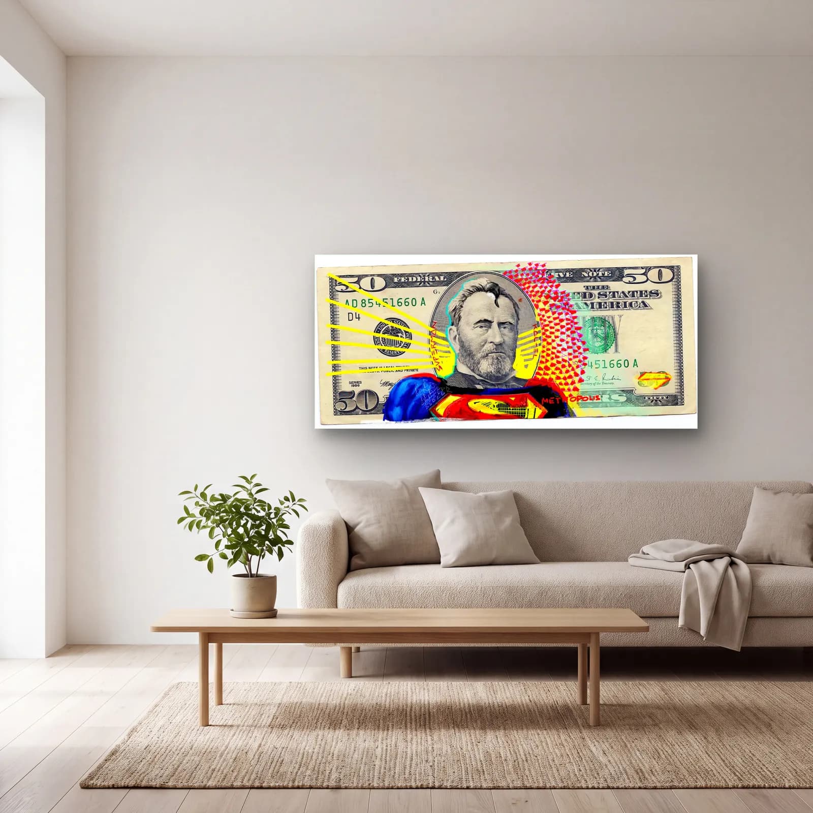 Superman 50 Dolar cam tablo — açık renk salonda