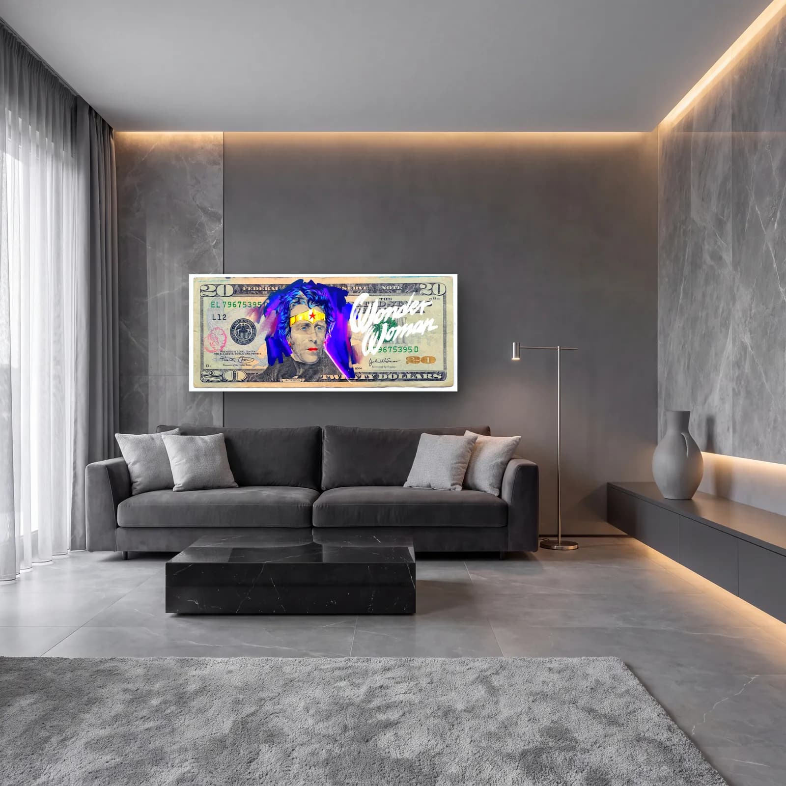 Wonder Woman 20 Dolar cam tablo — lüks salon duvarında