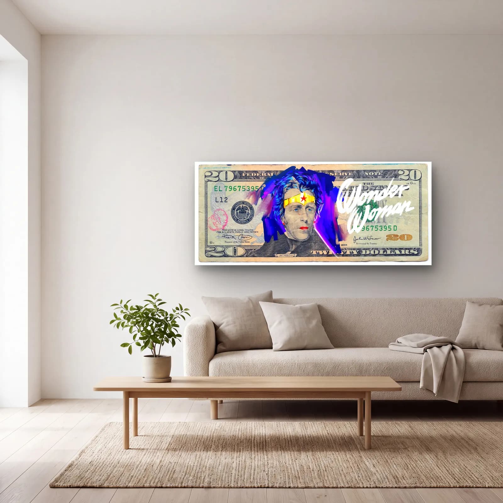 Wonder Woman 20 Dolar cam tablo — açık renk salonda