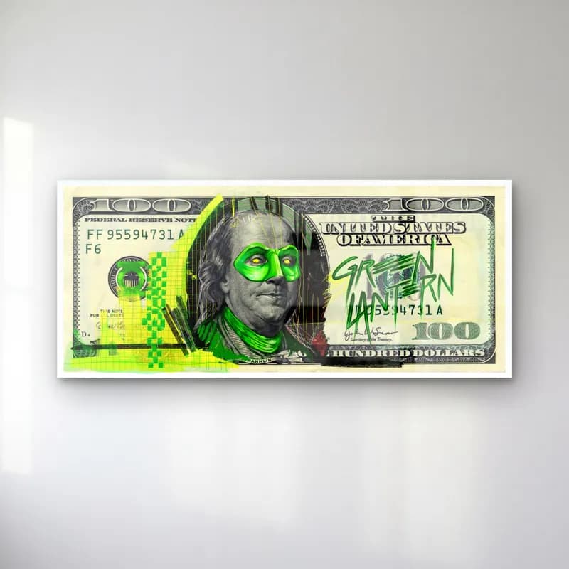 Green Lantern 100 Dolar cam tablo — 100 dolar banknotunda yeşil maskeli Franklin portresi ve yeşil yazı