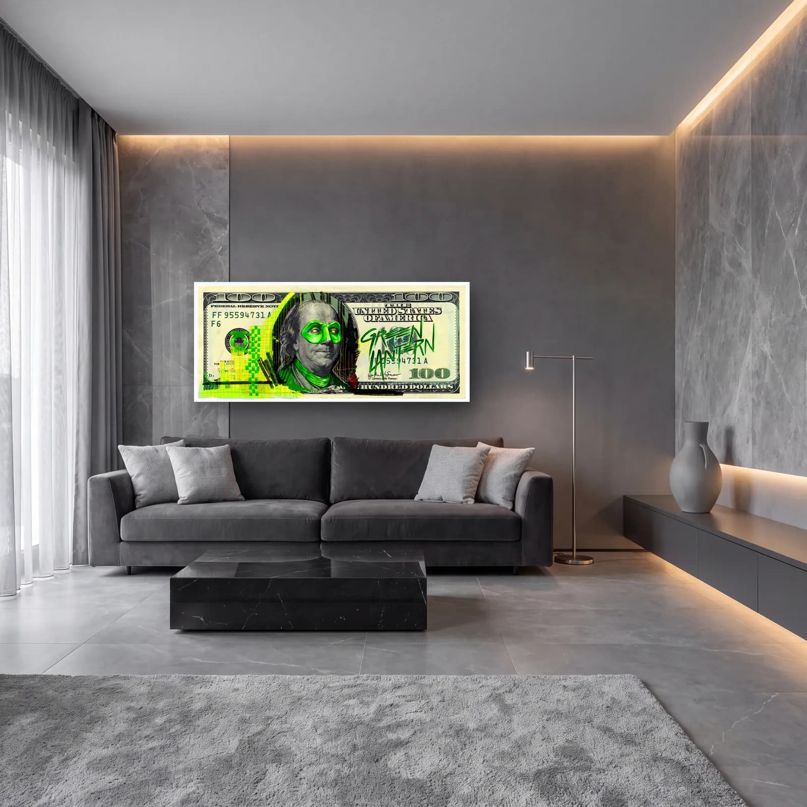 Green Lantern 100 Dolar cam tablo — lüks salon duvarında