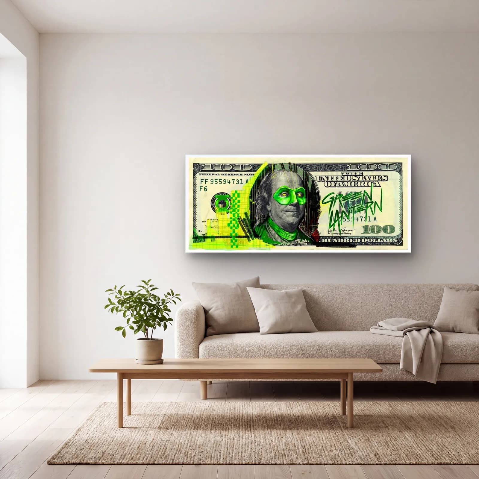 Green Lantern 100 Dolar cam tablo — açık renk salonda