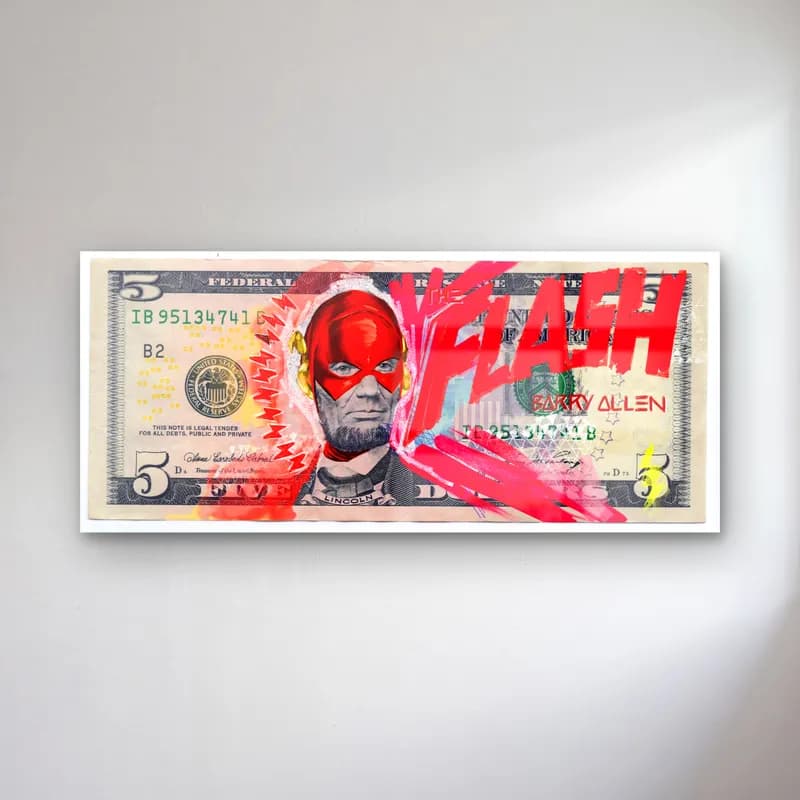 Flash 5 Dolar cam tablo — 5 dolar banknotunda kırmızı Flash maskeli Lincoln portresi
