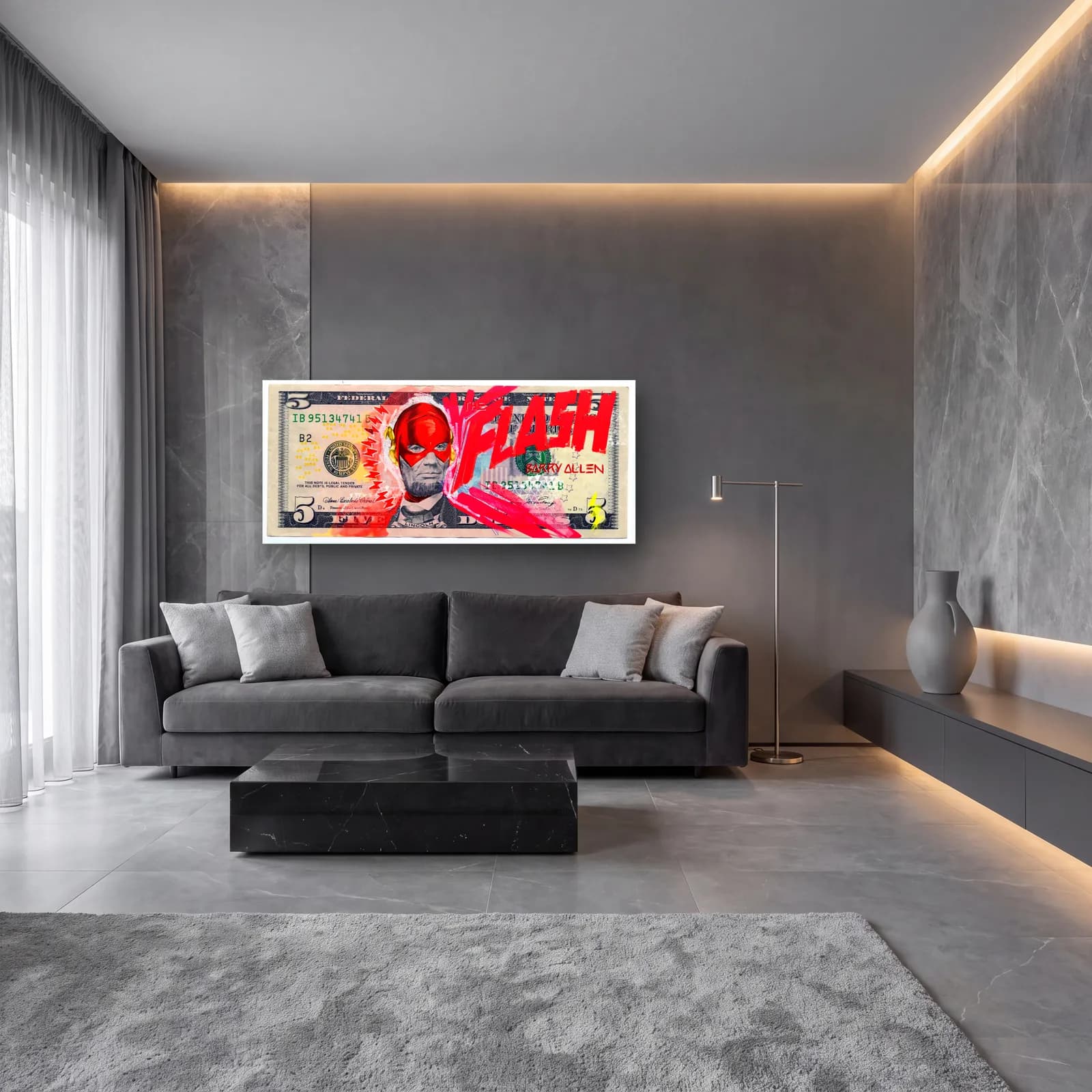 Flash 5 Dolar cam tablo — lüks salon duvarında
