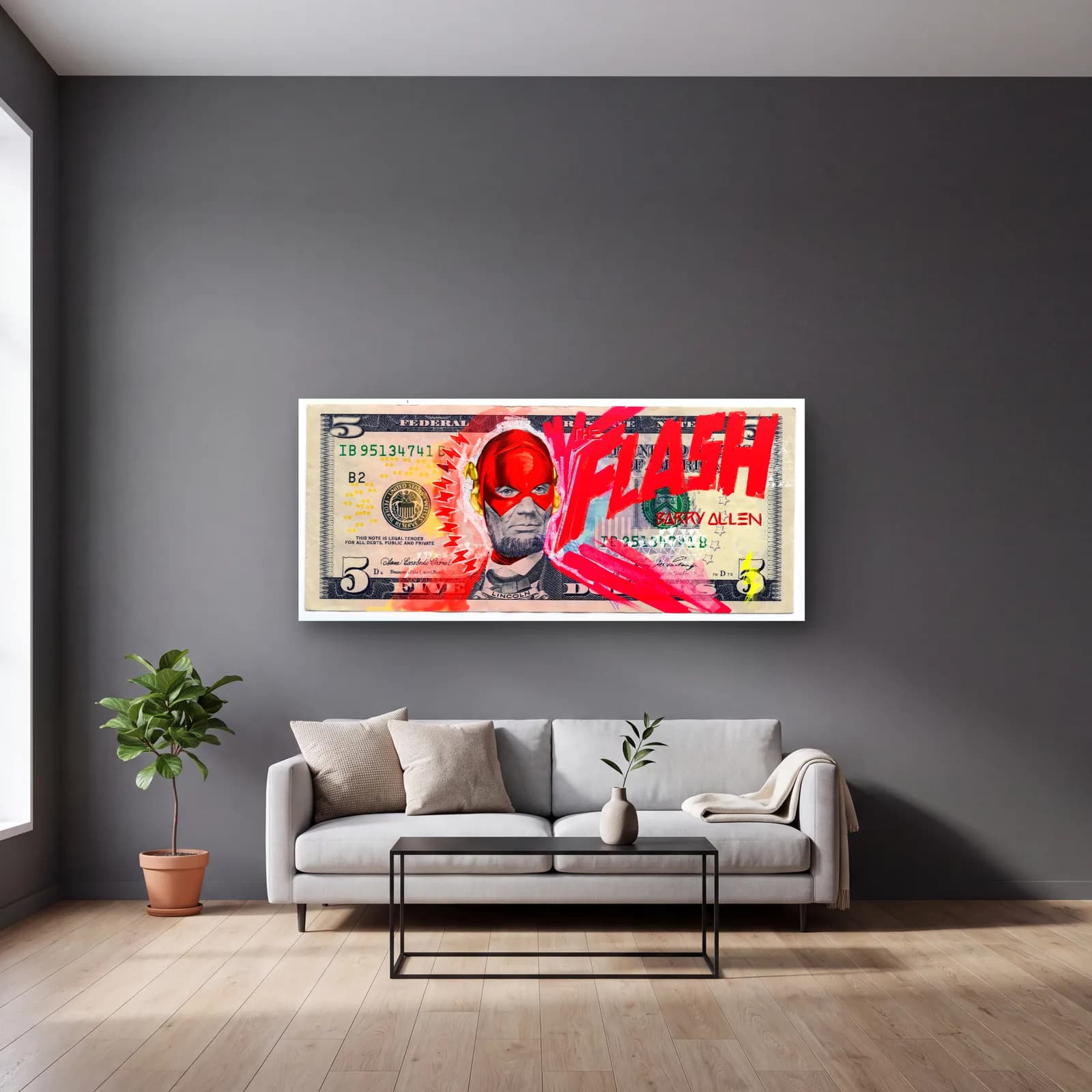 Flash 5 Dolar cam tablo — gri duvarlı salonda