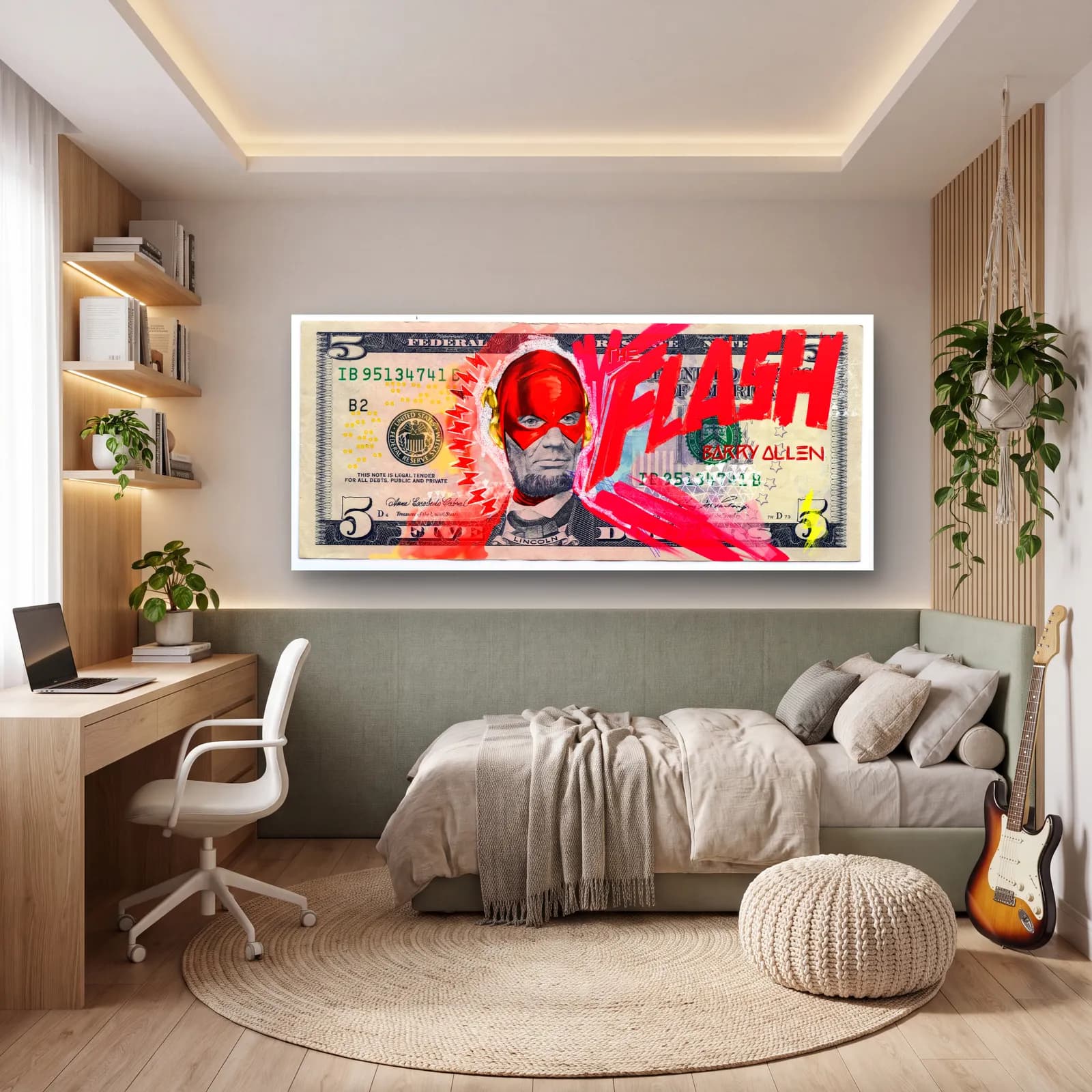 Flash 5 Dolar cam tablo — genç odasında