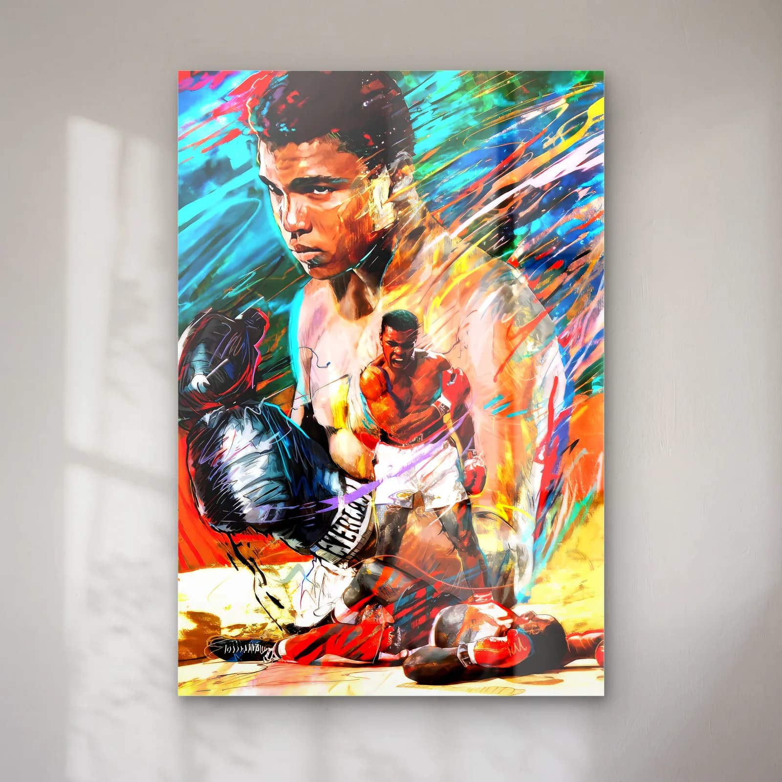 Muhammad Ali Renkli Fırça cam tablo — Renkli fırça darbeleri arasında boks eldivenli Muhammad Ali ve ring sahnesi