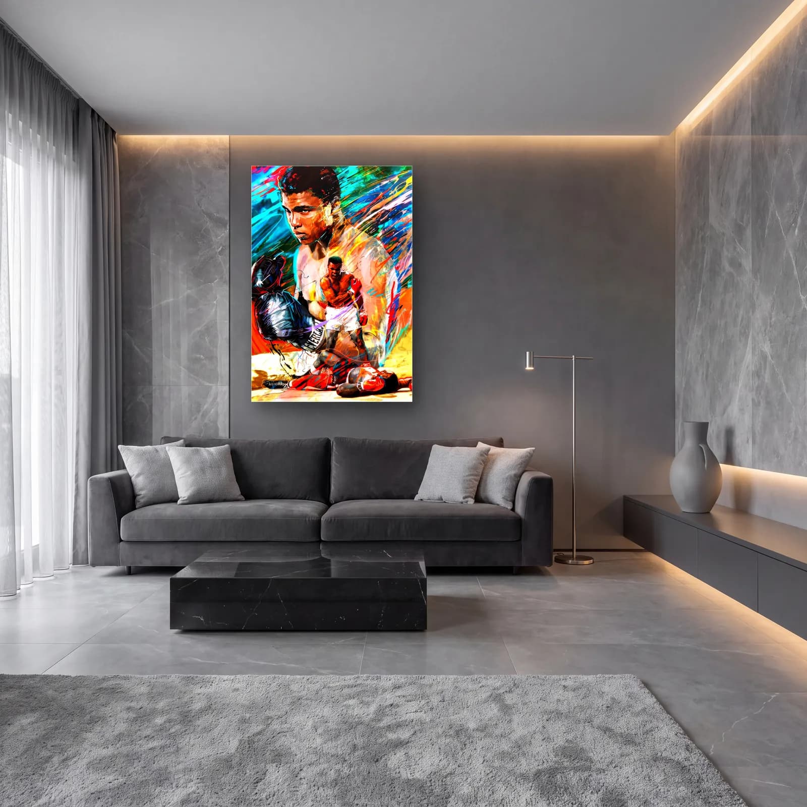 Muhammad Ali Renkli Fırça cam tablo — lüks salon duvarında