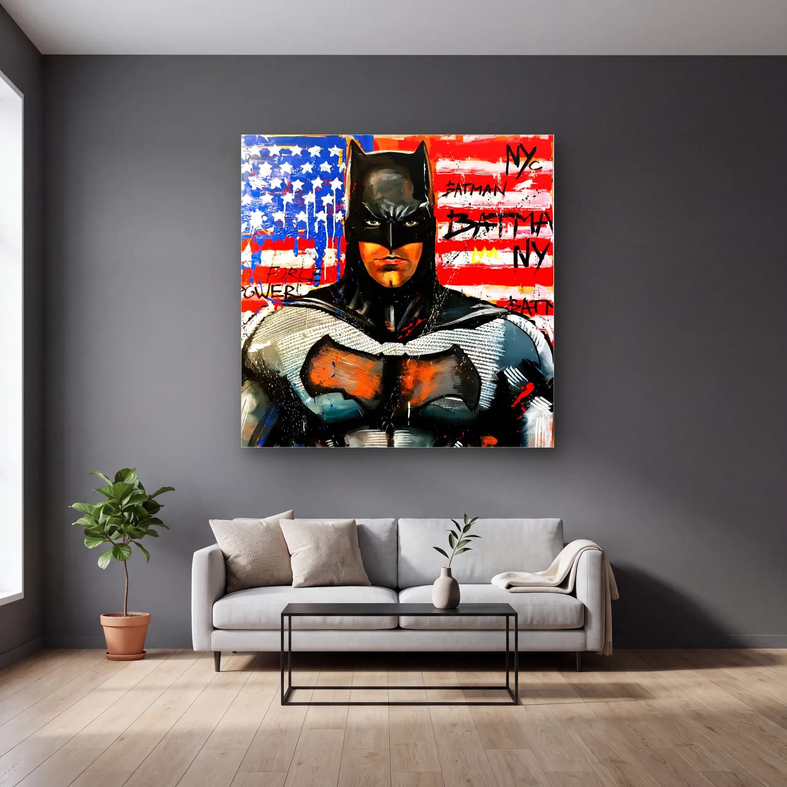 Batman NYC Grafiti cam tablo — gri duvarlı salonda