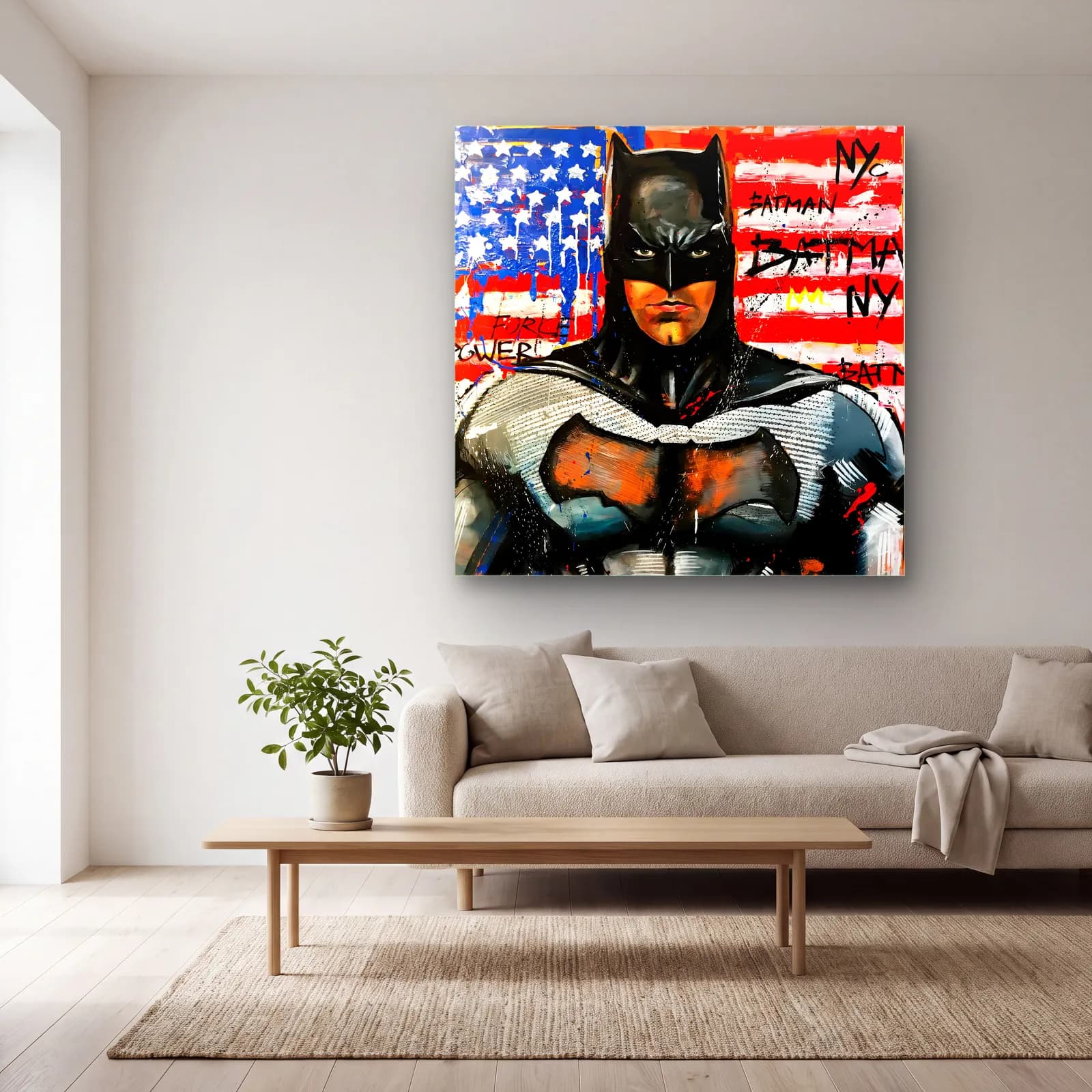 Batman NYC Grafiti cam tablo — açık renk salonda